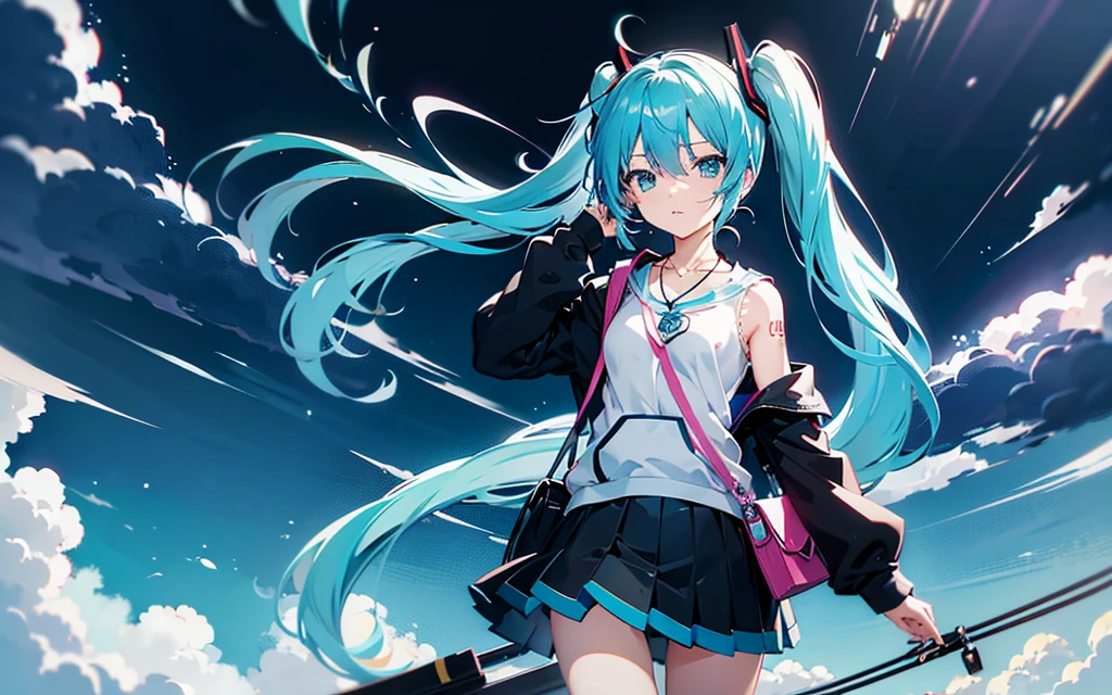 Captain Hatsune Miku、Blue hair、light blue eyes、Aquamarine eyes、Cat Hairpins、Long、Twin-tailed、a miniskirt、The shirt、Black hoodie、Shoulder bag、a necklace、Misanga、double tooth、sparking eyes、School building、takeout、Rainy Day Encounters、Seductive Anime Girl, anime style 4 k, best anime 4k konachan wallpaper,anime moe art style, Anime art wallpaper 8k、Highly rated on pixiv、top-quality、超A high resolution、An ultra-high picture quality、masterpiece、8K、(highly detailed back ground)、Per person