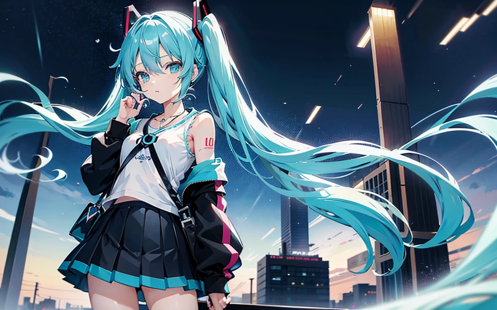 Captain Hatsune Miku、Blue hair、light blue eyes、Aquamarine eyes、Cat Hairpins、Long、Twin-tailed、a miniskirt、The shirt、Black hoodie、Shoulder bag、a necklace、Misanga、double tooth、sparking eyes、School building、takeout、Rainy Day Encounters、Seductive Anime Girl, anime style 4 k, best anime 4k konachan wallpaper,anime moe art style, Anime art wallpaper 8k、Highly rated on pixiv、top-quality、超A high resolution、An ultra-high picture quality、masterpiece、8K、(highly detailed back ground)、Per person