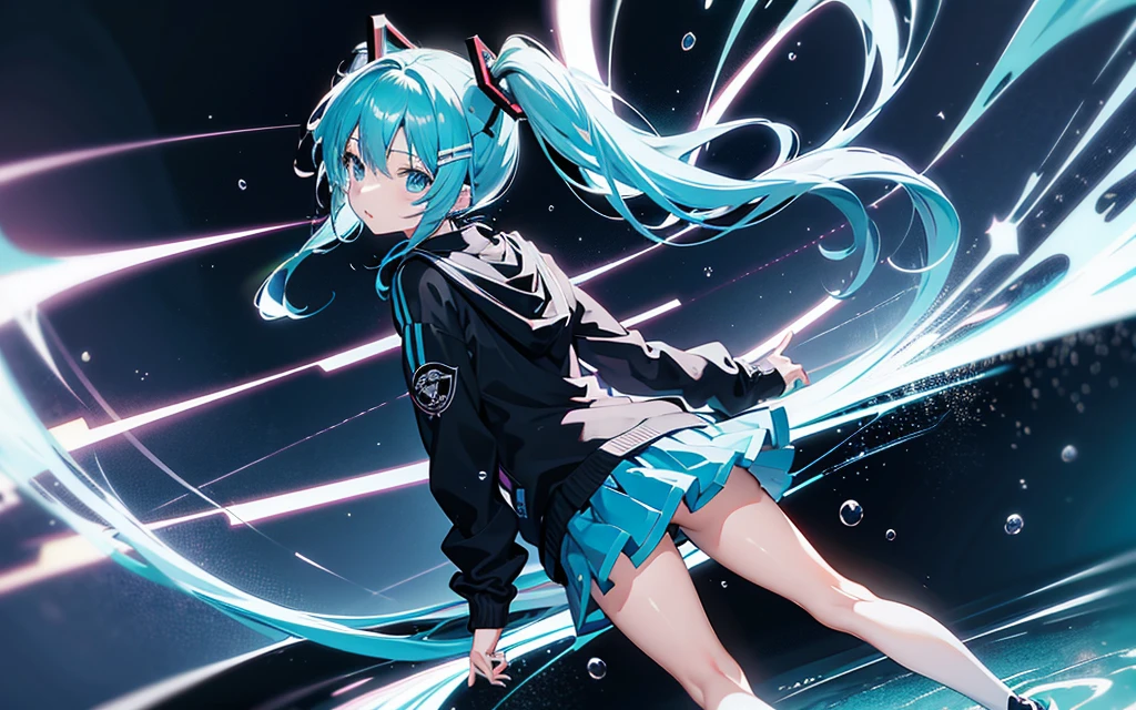 Captain Hatsune Miku、Blue hair、light blue  eyes、Aquamarine eyes、Cat Hairpins、Long、Twin-tailed、a miniskirt、The shirt、Black hoodie、Shoulder bag、a necklace、Misanga、double tooth、sparking eyes、School building、takeout、Rainy Day Encounters、Seductive Anime Girl, anime style 4 k, best anime 4k konachan wallpaper,anime moe art style, Anime art wallpaper 8k、Highly rated on pixiv、top-quality、超A high resolution、An ultra-high picture quality、​masterpiece、８K、(highly detailed back ground)、Per person