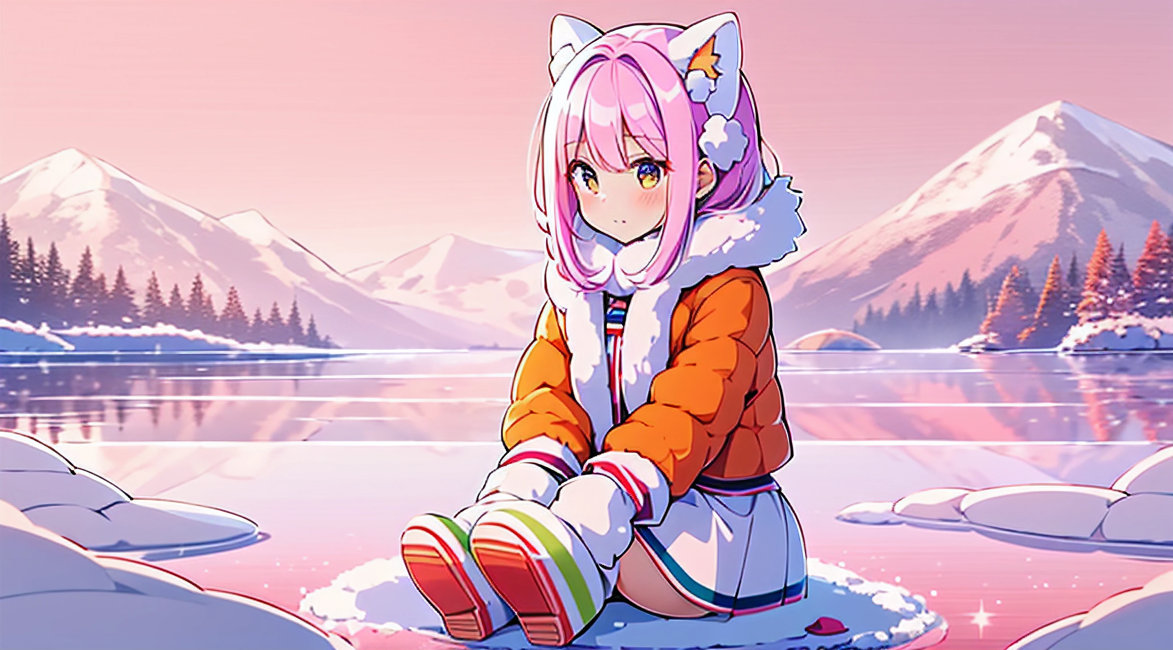 senko-san, loli, big freezed lake, winter, multicolored hair, white hair, pink hair, orange skirt, orange sunset, 1girl, hi resolution, 4k, sakura, snowed lake, pink scratches on a face, skirt with fur, white ears, ears with fur, cute face, whie-pink hair, bob hairstyle, snow on a lake, icy lake, short girl, charachter sits on her butt, 6 years old, sitting on a snow, orange small boots, white long socks, tail lying on the snow, white tail, fluffy tail, tail from butt, depth od field, white gloves