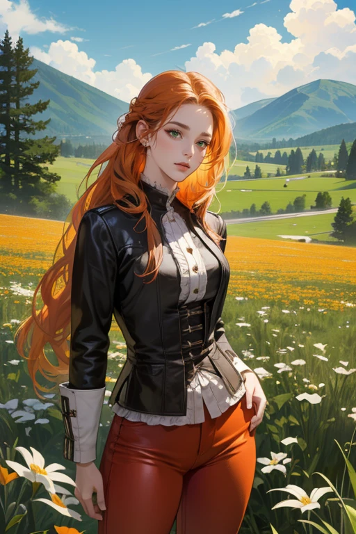 masterpiece, best quality, realistic, 1woman, mature female, beautiful, 25 years old, extremely detailed face, ((green eyes)), ((long red-orange braided hair)), , citizen, ((dressed in adventurer outfit, leather pants)), cinematic lighting, looking at the audience, posture dynamics, Victorian era, detailed eyes, detailed face, high quality image, expression: happy, meadow, mountainside, trees, flowers, blue sky, clouds