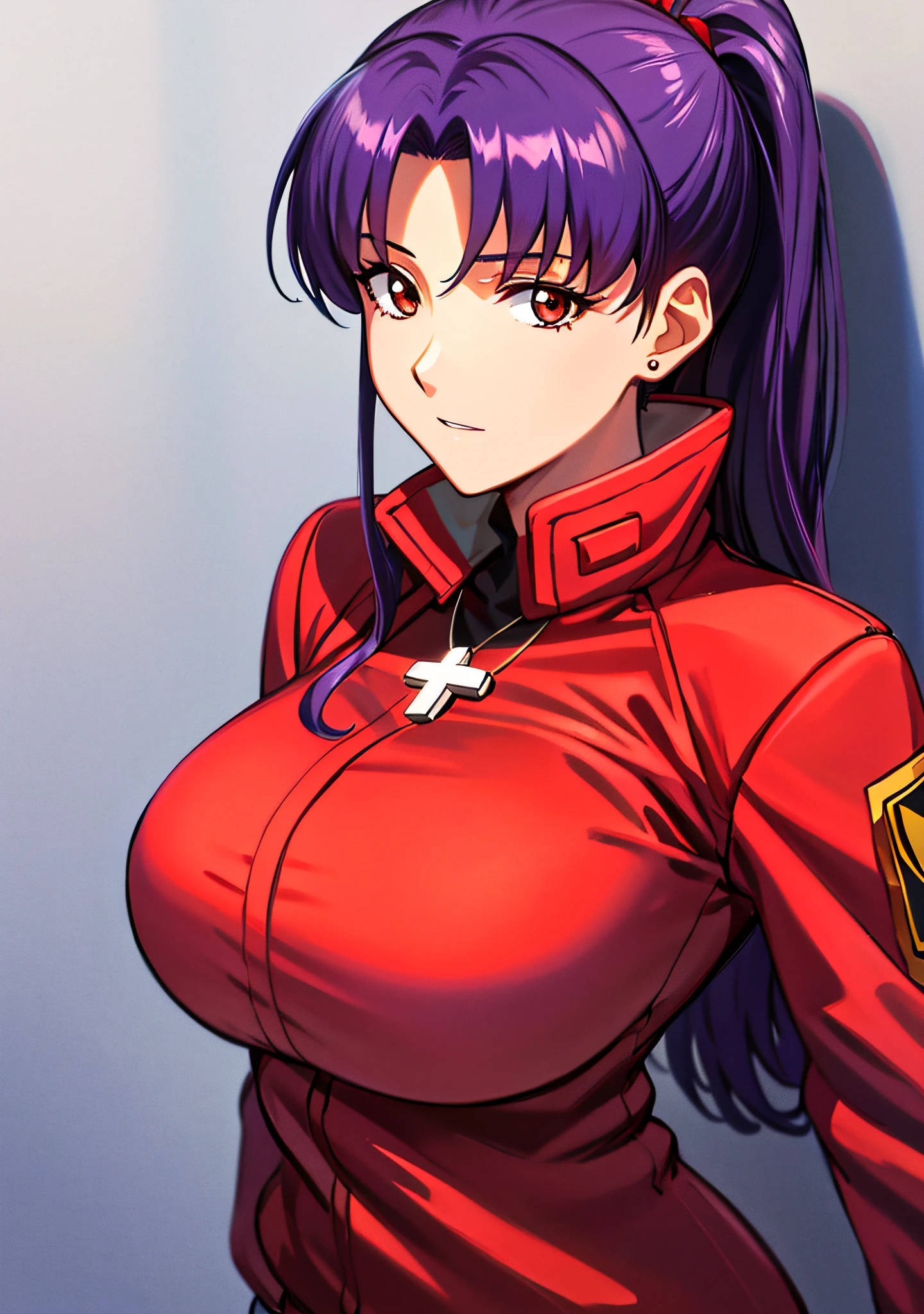 masutepiece, Best Quality, Very detailed_nffsw_Unity_8K_ Wallpaper, Very detailed _ Eyes, Evangelion: 3.0 you can \ (Not \) redo, girl, Solo, Misato Katsuragi, Brown eyes, Indigo hair, Big breasts, Cross Necklace, Red jacket, Mature Woman, Older, Upper body,