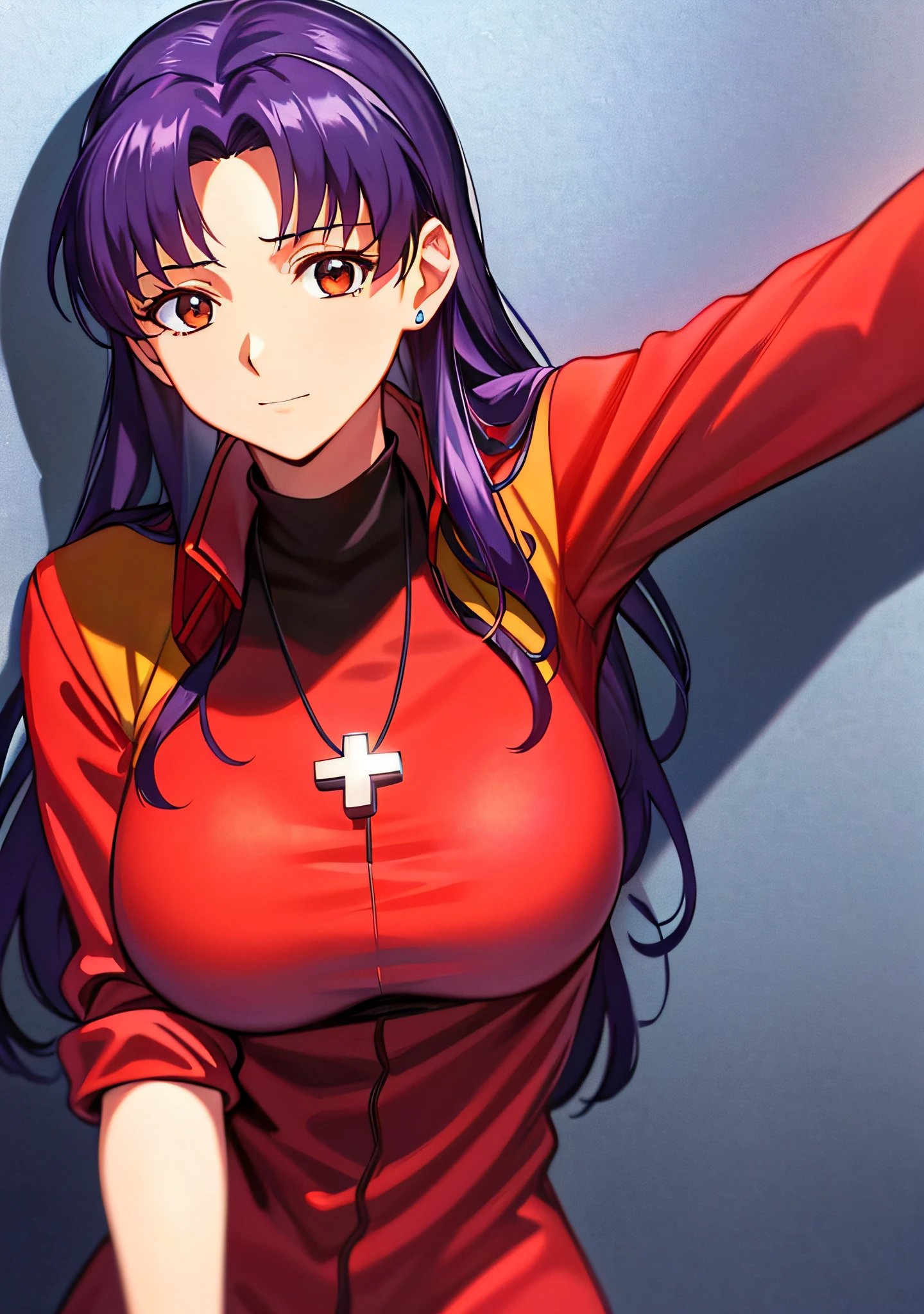 masutepiece, Best Quality, Very detailed_nffsw_Unity_8K_ Wallpaper, Very detailed _ Eyes, Evangelion: 3.0 you can \ (Not \) redo, girl, Solo, Misato Katsuragi, Brown eyes, Indigo hair, Big breasts, Cross Necklace, Red jacket, Mature Woman, Older, Upper body,