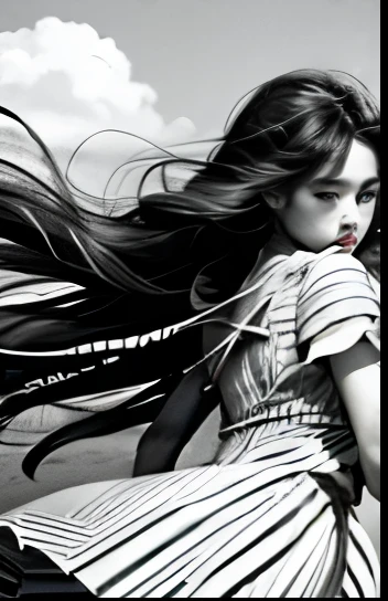 Hair flutters in the wind，Black and white lines