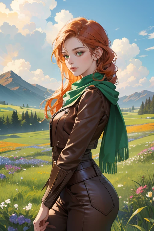 masterpiece, best quality, realistic, 1woman, mature female, beautiful, 25 years old, extremely detailed face, ((green eyes)), ((long red-orange braided hair)), , citizen, ((dressed in adventurer outfit, brown leather pants, green scarf)), cinematic lighting, looking at the audience, posture dynamics, Victorian era, detailed eyes, detailed face, high quality image, expression: happy, meadow, mountainside, trees, flowers, blue sky, clouds