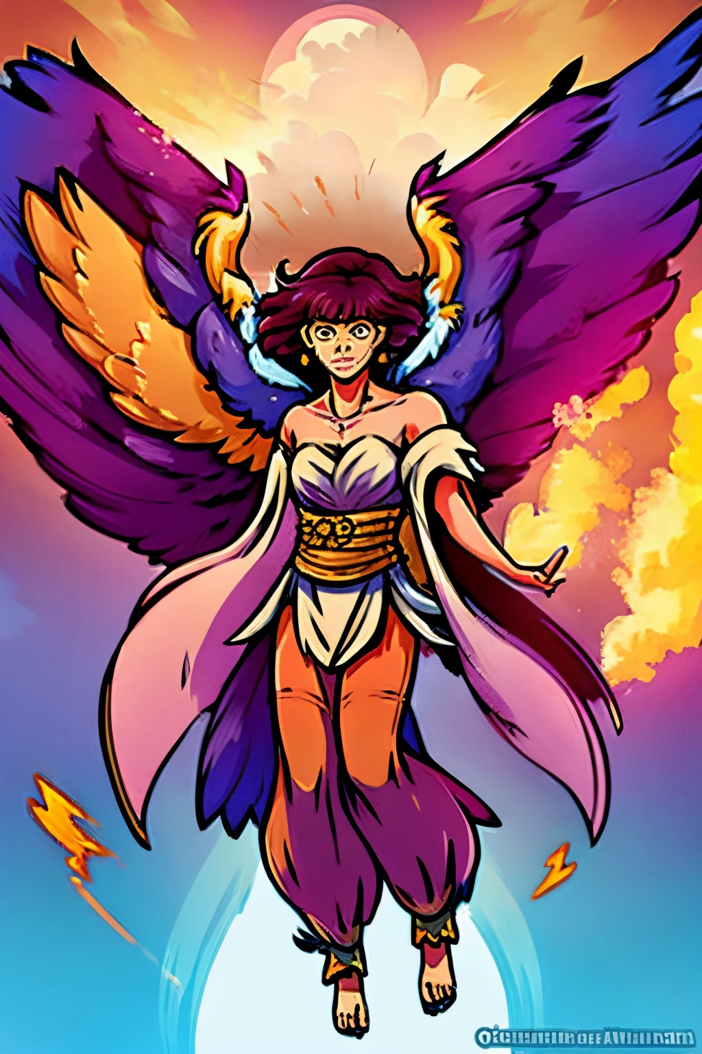 1girl, full body, white feathers, cute face, messy pixie cut hair, tan skin, robes, wings, purple hair, talons for feet, 2 legs, gold eyes, fire magic