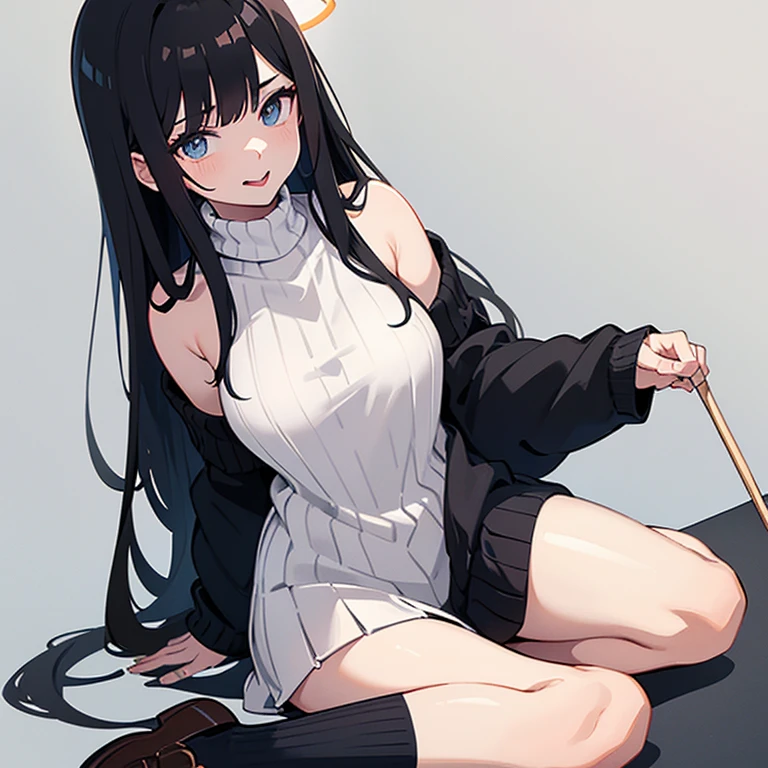 Bare shoulders,
It&#39;s a ,Stick your tongue down,
Extra-long black hair,
Wearing a ribbed sweater and women&#39;s school shoes,
With halo and FCUP,
being reversed,
Screen white sky,Good day,
