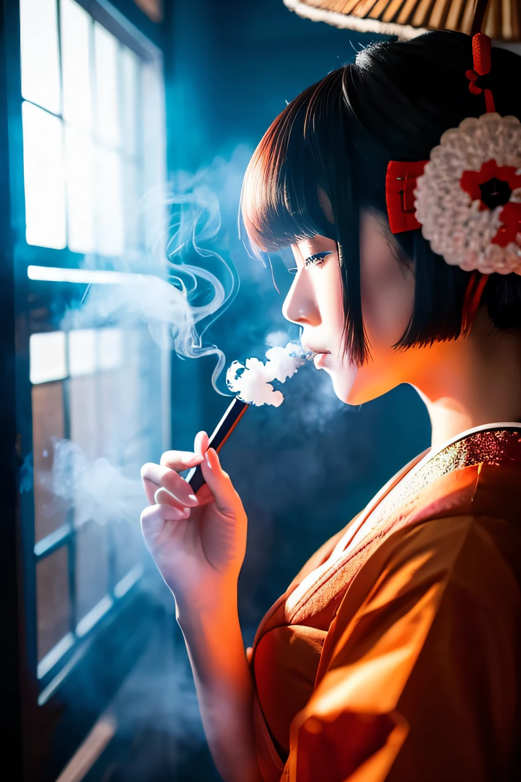 delicate geisha who is vaping with the background where Japanese shine, and japanse-like things
