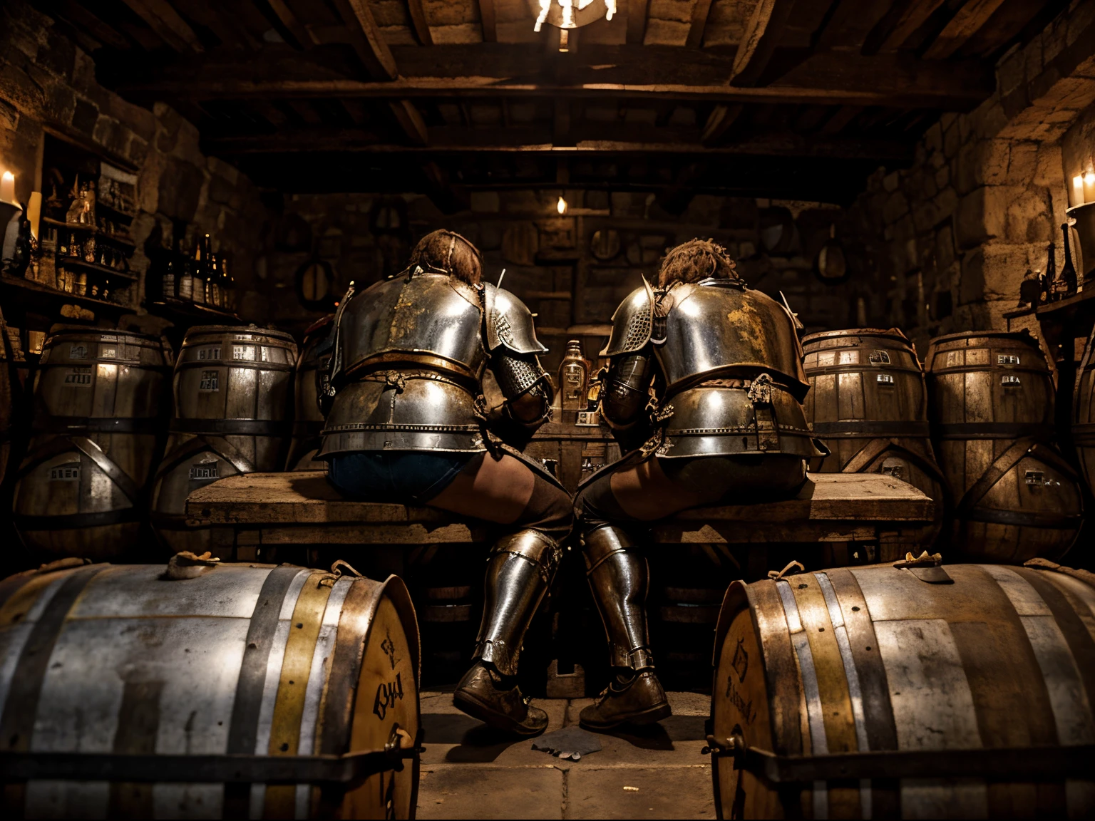 Drunken Medieval (knights) in Armor are (sleeping) among empty beer kegs and barrels, medieval painting, empty beer cans scattered around, in cave, eerie atmosphere, beer buddies