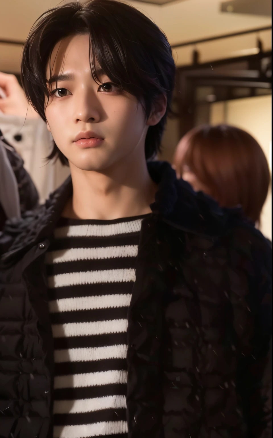 un primer plano de una persona que llevaba una chaqueta y una camisa a rayas, Jinyoung Shin, Kim Doyoung, Cai Xukun, JIA, Jung Jaehyun, Hyung Tae, Ulzzang masculino, inspirado por Bian Shoumin, diez Lee, photo session, Aesthetics of Jinyoung Shin, Taejune Kim, muy guapo, Ruan Jia hermoso!, inspirado en Kun Can, Wan adorable cara coreana