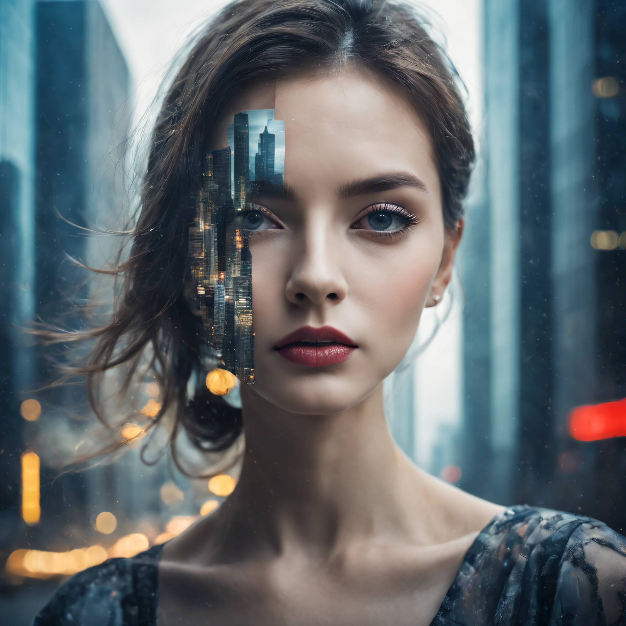 (best qualtiy,4k,8k,high rise,tmasterpiece:1.2),super-fine,(realisticlying,Foto realism,Photo fidelity:1.37),sportrait,double exposure effect,dramatic lights,Vivid colors,long exposure technology,creative composition,artsy photography,hight contrast,abstract elements,Emotionally captivating,Expressive eyes,Soft focus,vague background,Beautiful detail lips,Multiple exposures,Different Perspectives、Cidade futuristica,Silhouette of a high-rise building。distinct texture、overlapping images、A harmonious blend of themes、art story、Surreal atmosphere、Experimental Technology、imaginative exploration、artistic expression、Artistic interpretation、Creative experimentation、personal narrative、Layered composition、Ethereal aesthetics、Striking visual impact、visual depth、magic realism、Poetic atmosphere,detailed meticulous,Visual poetry