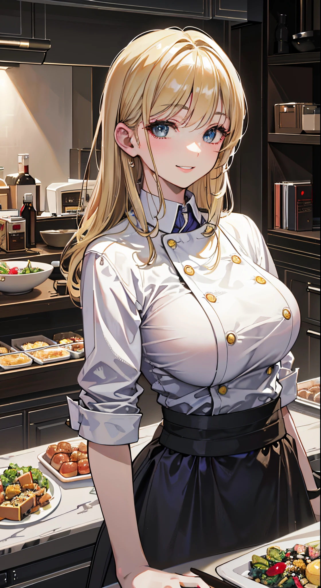 (best quality, 4k, 8k, high-res, masterpiece:1.2), ultra-detailed, (realistic, photorealistic, photo-realistic:1.37), (beautiful detailed eyes, beautiful detailed lips, extremely detailed eyes and face), studio lighting, physically-based rendering, vivid colors, (big tits, super big tits, super extra big tits), ((waist)), (chef clothes:1.5), (portrait, blonde hair, smile and laugh),