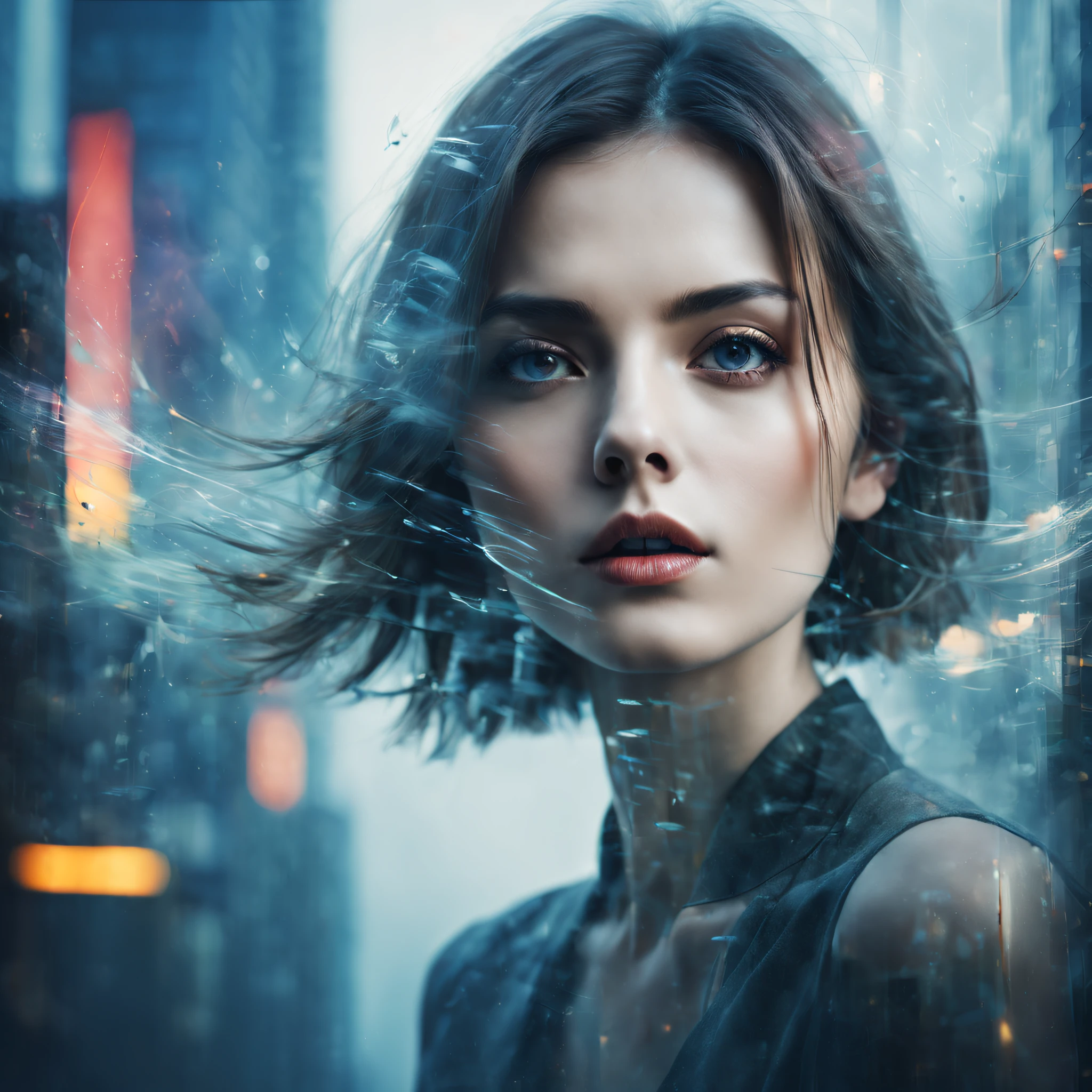 (best qualtiy,4k,8k,high rise,tmasterpiece:1.2),super-fine,(realisticlying,Foto realism,Photo fidelity:1.37),woman portrait,double exposure effect,dramatic lights,Vivid colors,long exposure technology,creative composition,artsy photography,hight contrast,abstract elements,Emotionally captivating,Expressive eyes,Soft focus,vague background,Beautiful detail lips,Multiple exposures,Different Perspectives、Cidade futuristica,Silhouette of a high-rise building。distinct texture、overlapping images、A harmonious blend of themes、art story、Surreal atmosphere、Experimental Technology、imaginative exploration、artistic expression、Artistic interpretation、Creative experimentation、personal narrative、Layered composition、Ethereal aesthetics、Striking visual impact、visual depth、magic realism、Poetic atmosphere,detailed meticulous,Visual poetry