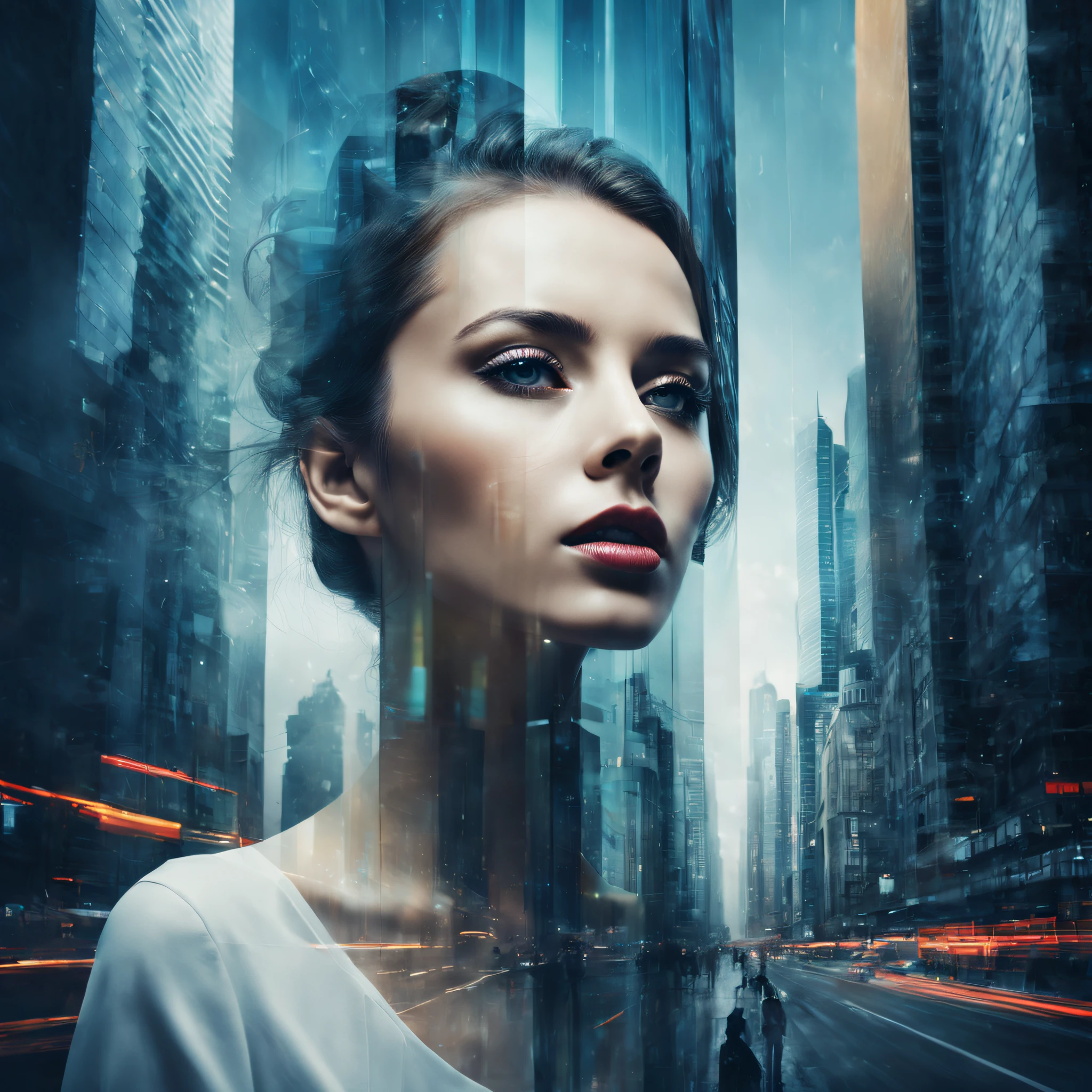 （best qualtiy，4k，8k，high rise，tmasterpiece：1.2），super-fine，（realisticlying，Foto realism，Photo fidelity：1.37），woman portrait，double exposure effect，dramatic lights，Vivid colors，long exposure technology，creative composition，artsy photography，hight contrast，abstract elements，Emotionally captivating，Expressive eyes，Soft focus，vague background，Beautiful detail lips，Multiple exposures，Different Perspectives、Cidade futuristica，Silhouette of a high-rise building。distinct texture、overlapping images、A harmonious blend of themes、art story、Surreal atmosphere、Experimental Technology、imaginative exploration、artistic expression、Artistic interpretation、Creative experimentation、personal narrative、Layered composition、Ethereal aesthetics、Striking visual impact、visual depth、magic realism、Poetic atmosphere，detailed meticulous，Visual poetry