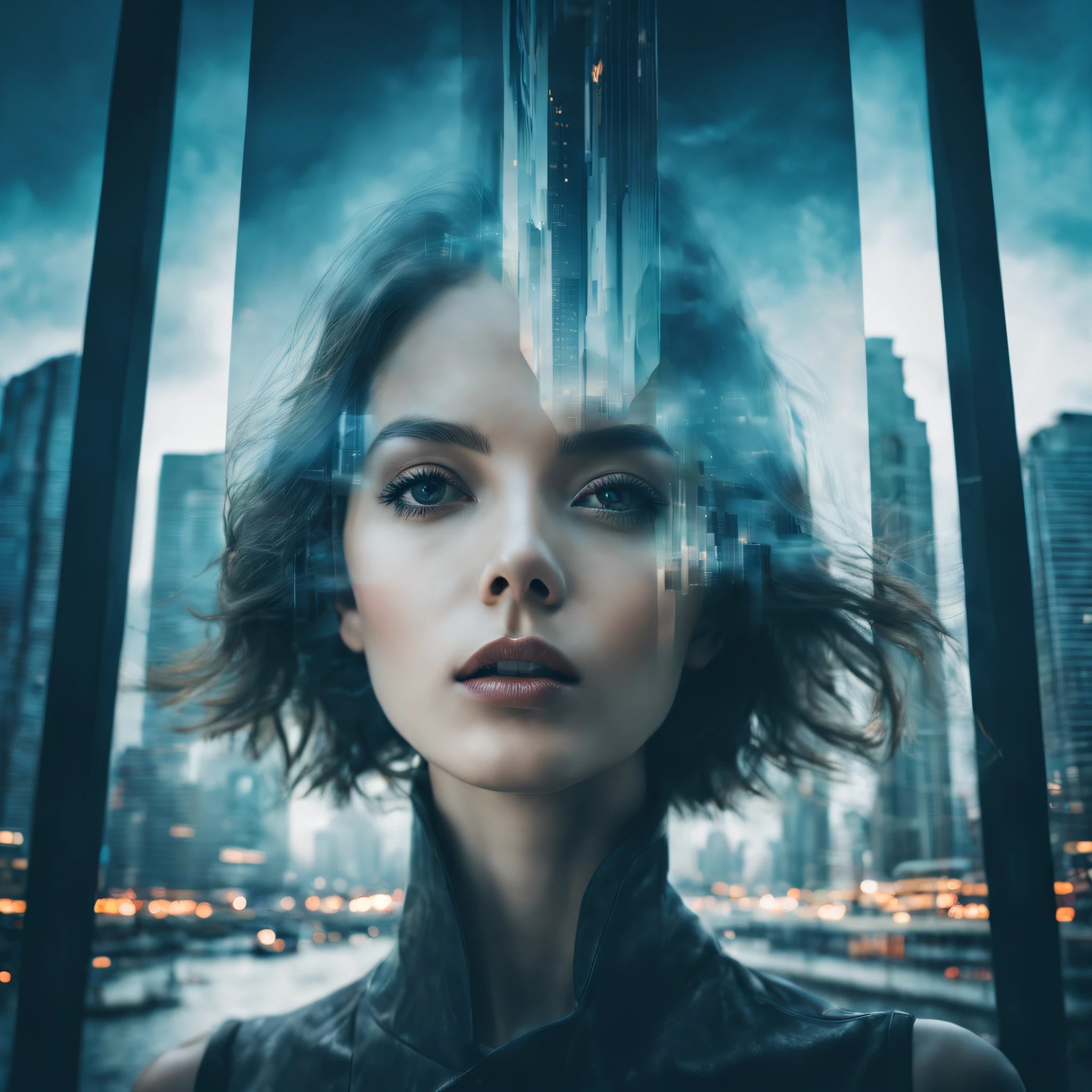 （best qualtiy，4k，8k，high rise，tmasterpiece：1.2），super-fine，（realisticlying，Foto realism，Photo fidelity：1.37），woman portrait，double exposure effect，dramatic lights，Vivid colors，long exposure technology，creative composition，artsy photography，hight contrast，abstract elements，Emotionally captivating，Expressive eyes，Soft focus，vague background，Beautiful detail lips，Multiple exposures，Different Perspectives、Cidade futuristica，Silhouette of a high-rise building。distinct texture、overlapping images、A harmonious blend of themes、art story、Surreal atmosphere、Experimental Technology、imaginative exploration、artistic expression、Artistic interpretation、Creative experimentation、personal narrative、Layered composition、Ethereal aesthetics、Striking visual impact、visual depth、magic realism、Poetic atmosphere，detailed meticulous，Visual poetry
