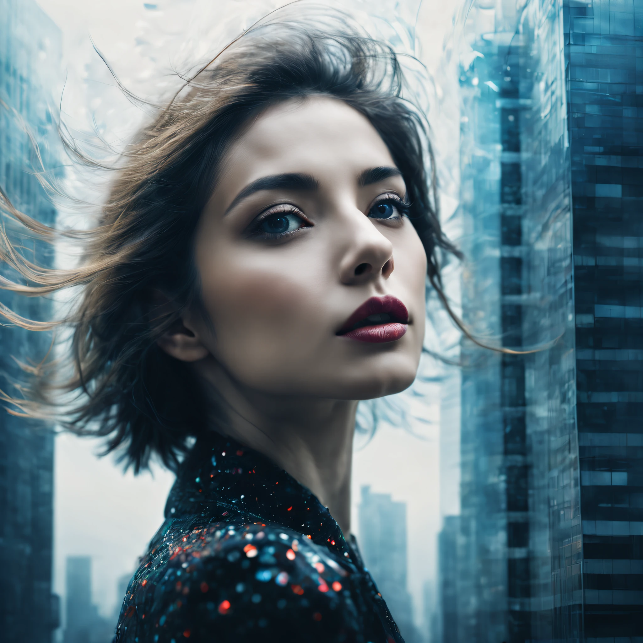 （best qualtiy，4k，8k，high rise，tmasterpiece：1.2），super-fine，（realisticlying，Foto realism，Photo fidelity：1.37），woman portrait，double exposure effect，dramatic lights，Vivid colors，long exposure technology，creative composition，artsy photography，hight contrast，abstract elements，Emotionally captivating，Expressive eyes，Soft focus，vague background，Beautiful detail lips，Multiple exposures，Different Perspectives、Cidade futuristica，Silhouette of a high-rise building。distinct texture、overlapping images、A harmonious blend of themes、art story、Surreal atmosphere、Experimental Technology、imaginative exploration、artistic expression、Artistic interpretation、Creative experimentation、personal narrative、Layered composition、Ethereal aesthetics、Striking visual impact、visual depth、magic realism、Poetic atmosphere，detailed meticulous，Visual poetry