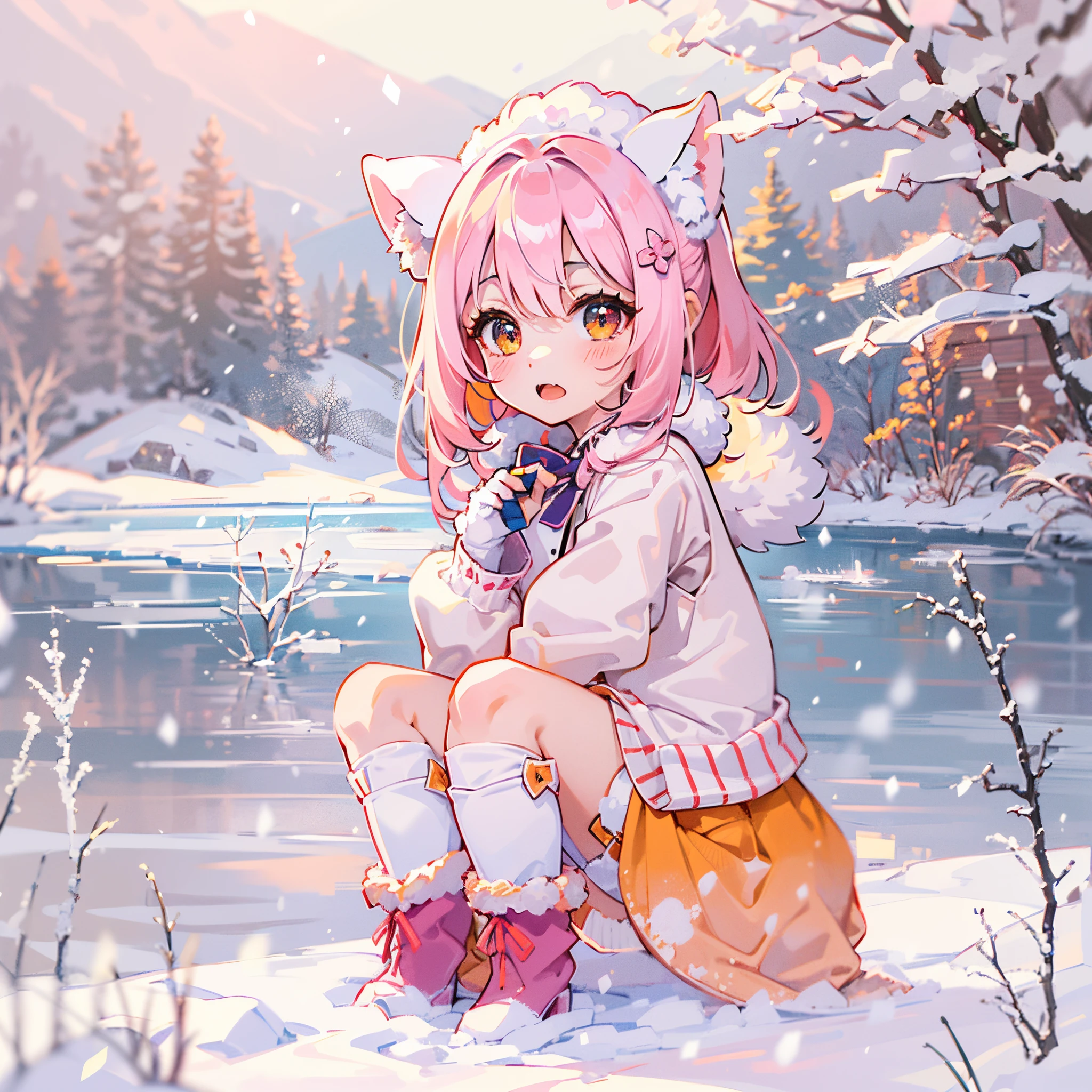 senko-san, loli, big freezed lake, winter, multicolored hair, white hair, pink hair, orange skirt, orange sunset, 1girl, hi resolution, 4k, sakura, snowed lake, pink scratches on a face, skirt with fur, white ears, ears with fur, cute face, whie-pink hair, bob hairstyle, snow on a lake, icy lake, short girl, charachter sits on her butt, 6 years old, sitting on a snow, orange small boots, white long socks, tail lying on the snow, white tail, fluffy tail, tail from butt, depth od field, white gloves