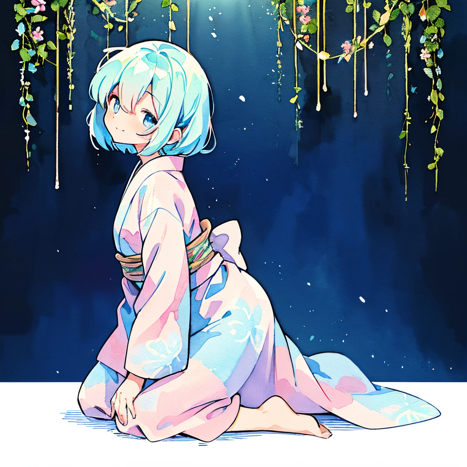 (PastelColors:1.5)、(Cute illustration:1.3)、(watercolor paiting:1.1)、white backgrounid、girl with、A smile、Beautifully detailed、Moya、colourfull、marble、Particles of light、patterns、、
Printed woman wearing green and white yukata and colorful flowers, Obi, She stretches her arms behind her back,, Strap Pads, Kneeling, Rope binding,From Side, Tie clothes, Morning glory vine wrapped around the arm , realistic glistening skin, (Strobe shooting):1.3, (Detailed indigo blue eyes, highlight in eyes):1.5, Detailed Cloth Texture, detailed hair texture,Full body:1.5,Morning glory、Tortoise shell binding