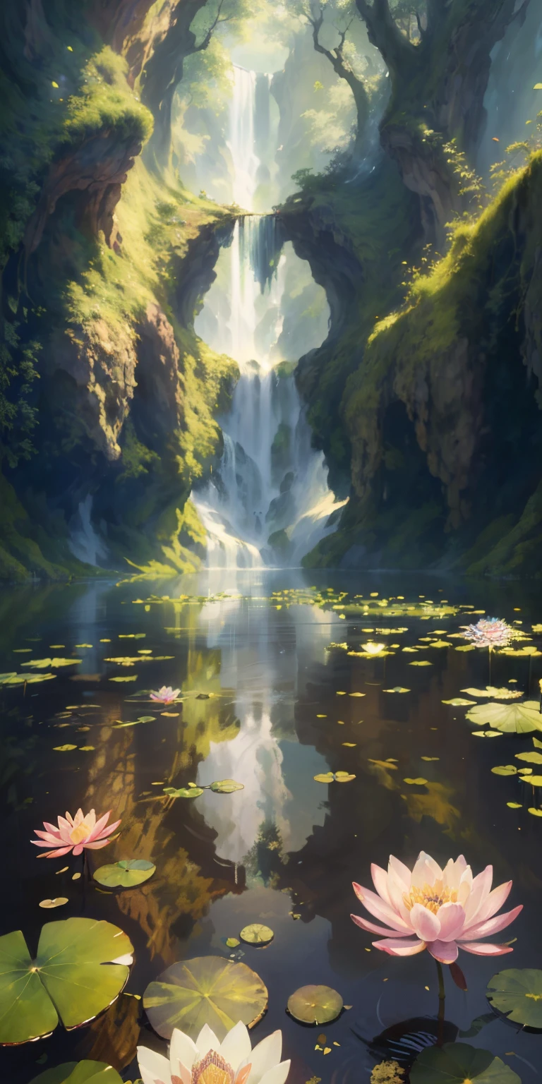 Original,Masterpiece, (illustratio:1.1),(best qualtiy),(tmasterpiece:1.1),(the Extremely Detailed CG Unity 8K Wallpapers),(a color:1.2),water lilies,Water lily petals,scenecy,rios|Wagas,