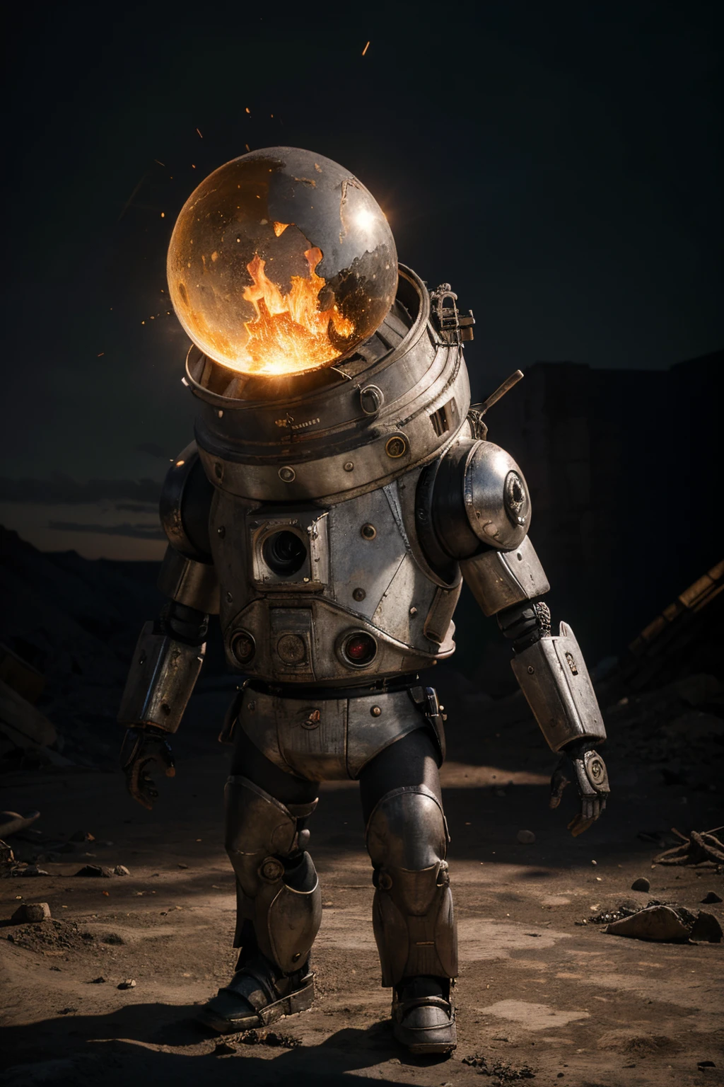 A crazy toy with a big one A Soviet one-eyed robot from CCCP, y casco Estilo, Pinzas en las manos, Cabeza de TV, cabeza de alfiler, camuflaje Oro Plata Rosa Oxidado, Atmosphere in the crater of a super-detailed meteorite, centro, Beautiful, Soft lighting, centrado en el personaje, 4k-resolution, Photorealistic rendering,