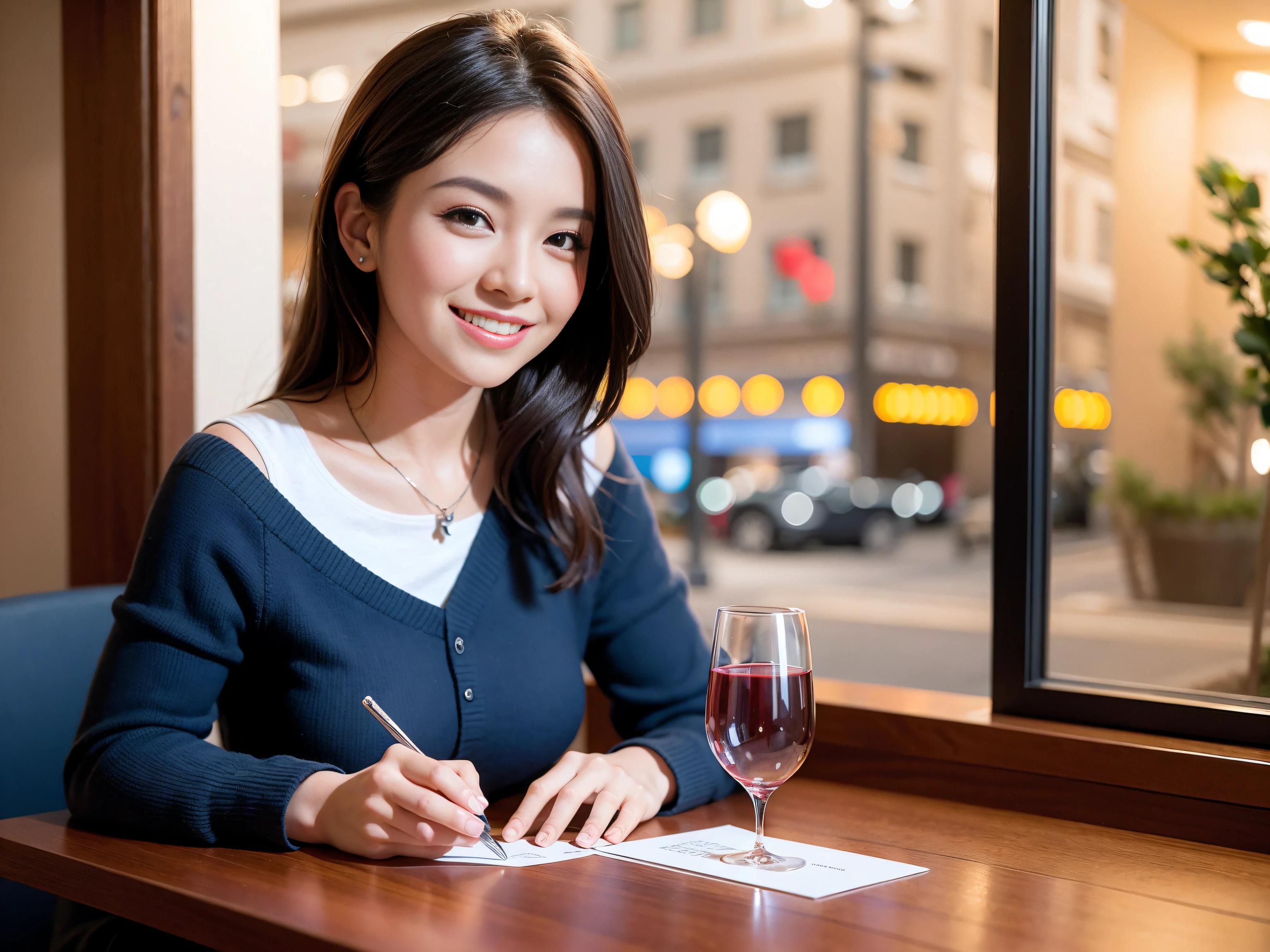 (64K, UHD, top quality, masterpiece: 1.2), (realistic, photorealistic: 1.37), super detailed, pretty woman 1 person, (slim face), (slim body), (brown hair), (short cut), cheeks slightly blushing, (44 years old), 38 years old, solo, beautiful detailed urban night view outside the window, restaurant, wine glasses sit, at night, in a prominent placeNovaFrogStyle, Actress, Model, Waist Up, White Wine, Slim, Wine Glass, Super Clean Night View, Wine Glass Put in the Middle, Happy Smile, (Smile: 1.15), Beautiful Fine Eyes, Upper Body, Bust Japan Up, Night, Short, Short, Actress, Model, Waist Up, White Wine, Slim, Wine Glass, Super Clean Night View, Wine Glass Put in the Middle, Happy Smile,
