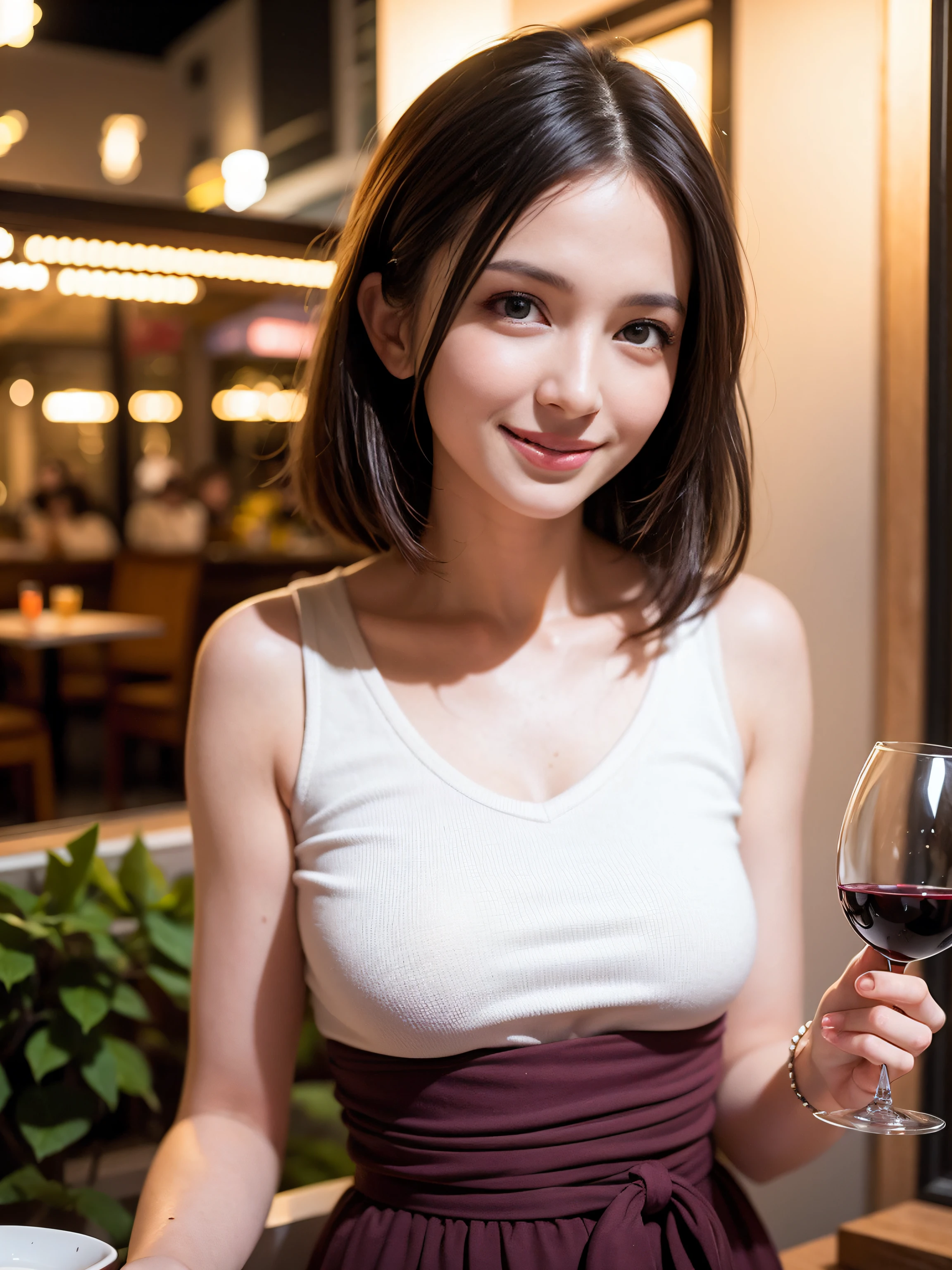 (64K, UHD, top quality, masterpiece: 1.2), (realistic, photorealistic: 1.37), super detailed, pretty woman 1 person, (slim face), (slim body), (brown hair), (short cut), cheeks slightly blushing, (44 years old), 38 years old, solo, beautiful detailed urban night view outside the window, restaurant, wine glasses sit, at night, in a prominent placeNovaFrogStyle, Actress, Model, Waist Up, White Wine, Slim, Wine Glass, Super Clean Night View, Wine Glass Put in the Middle, Happy Smile, (Smile: 1.15), Beautiful Fine Eyes, Upper Body,  Japan Up, Night, Short, Short, Actress, Model, Waist Up, White Wine, Slim, Wine Glass, Super Clean Night View, Wine Glass Put in the Middle, Happy Smile,