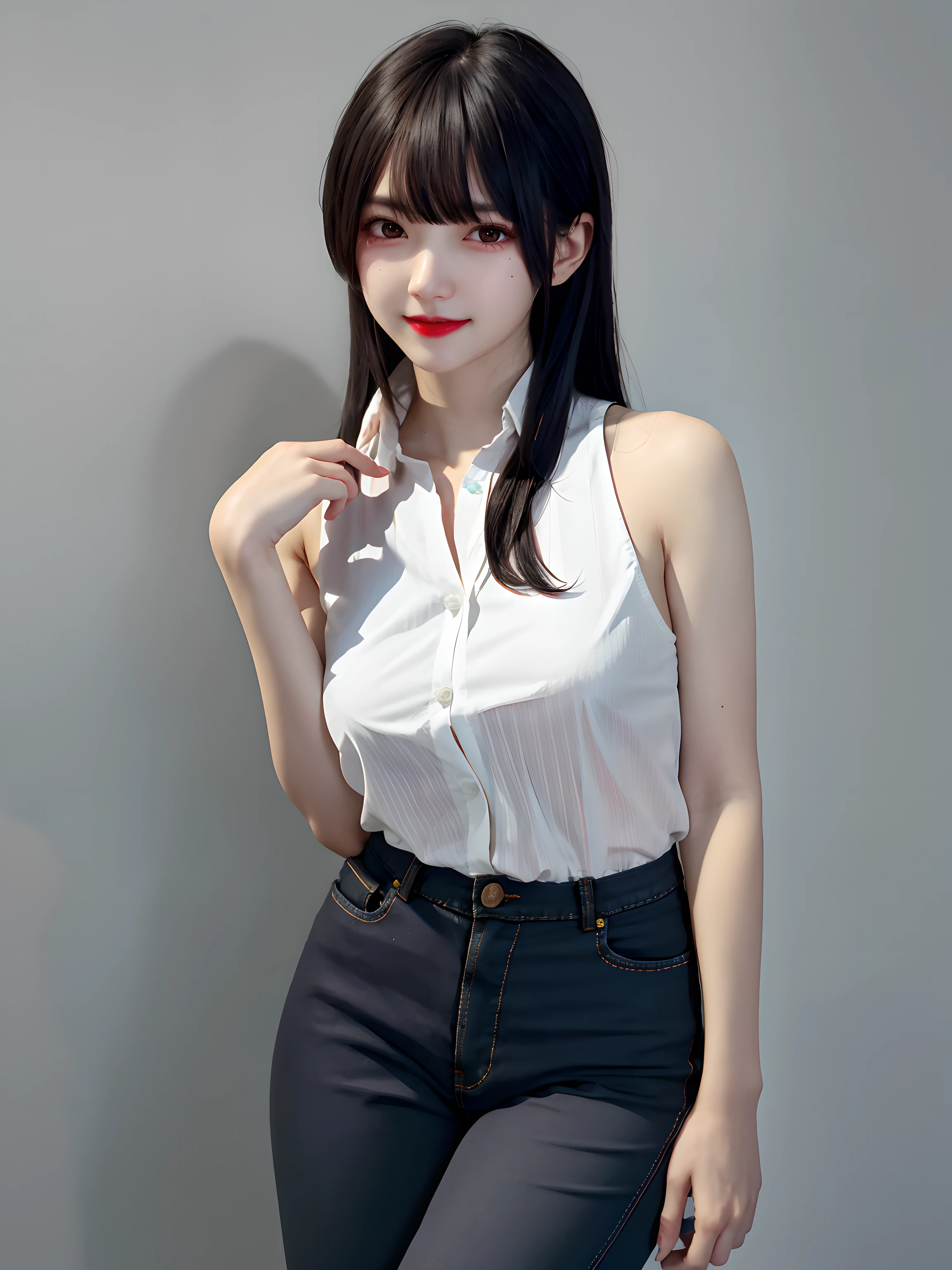 girl, By bangs, exposed bare shoulders, Black pantsuit, nedium breasts, Breasts squeezed together, greybackground, hair between eye,, long whitr hair, View viewer, trouser, parted lip, red eyes, The shirt, simplebackground, 无袖, sleeveless shirts, 独奏, high-necksweater, V臂, whaite hair,(Shiny skin),(tmasterpiece:1.4),(best qualtiy:1.4),,,Facigirl,Redlip,Perfect abs,nabel,(:1.5),(Clear areola),sweat leggs,