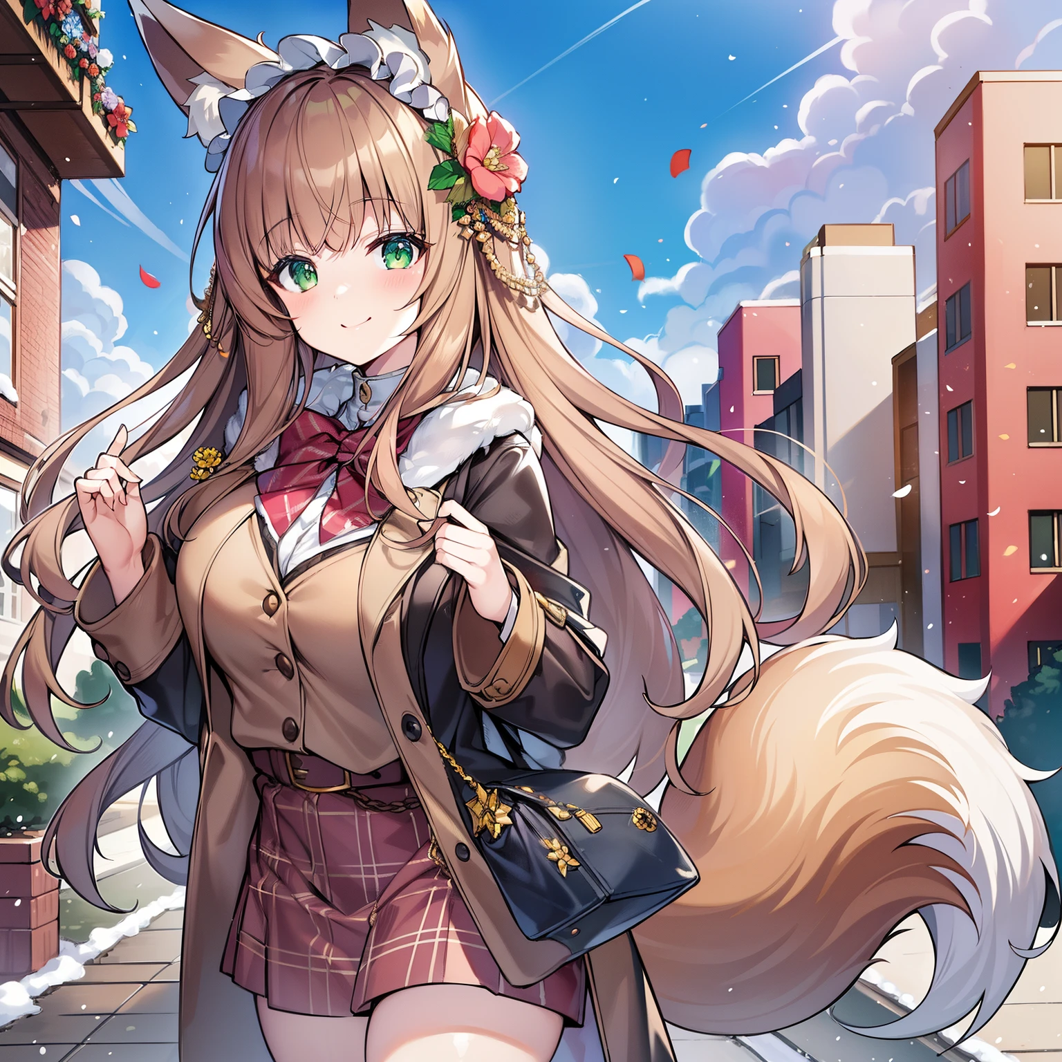 tmasterpiece,Highest high resolution,8k wallpaper,Highest drawing quality),1 plump girl,Alone,(Huge fox tail),Brown hair long,Green-eyed,Small flower headdress,(21-year-old college student_C cup),modernn architecture, A MILF,ssmile,Stylish winter coat,