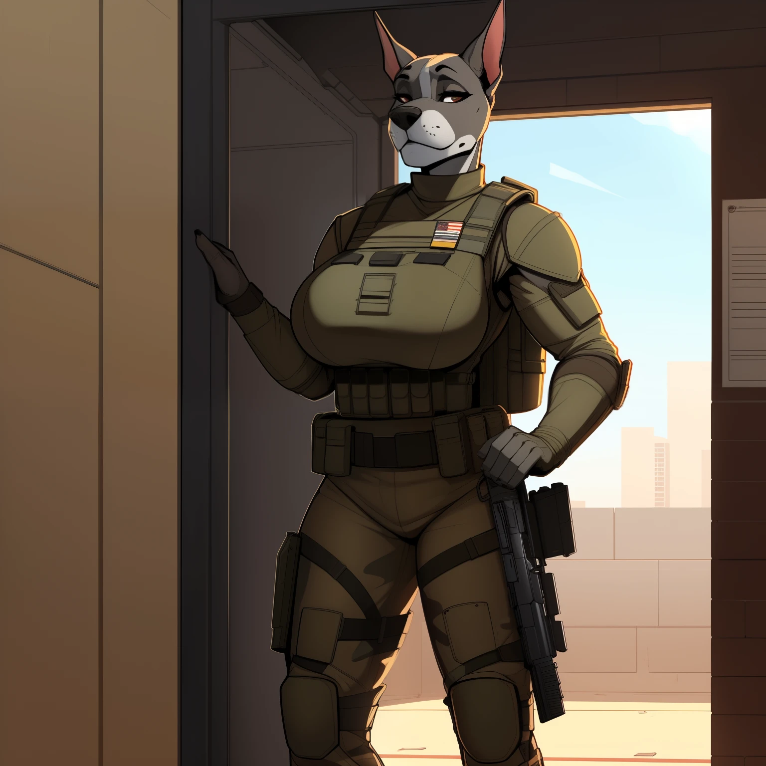 Tall_lanky_muscular_great_dane female gray_furry_body brown_eyes body_armor tactical_vest military_uniform large_breasts solo Masterpiece best_quality absurdres highly_detailed cleanly_drawn_eyes anthro_only by_claweddrip, by_greasymojo, by_underscore-b, by_runawaystride