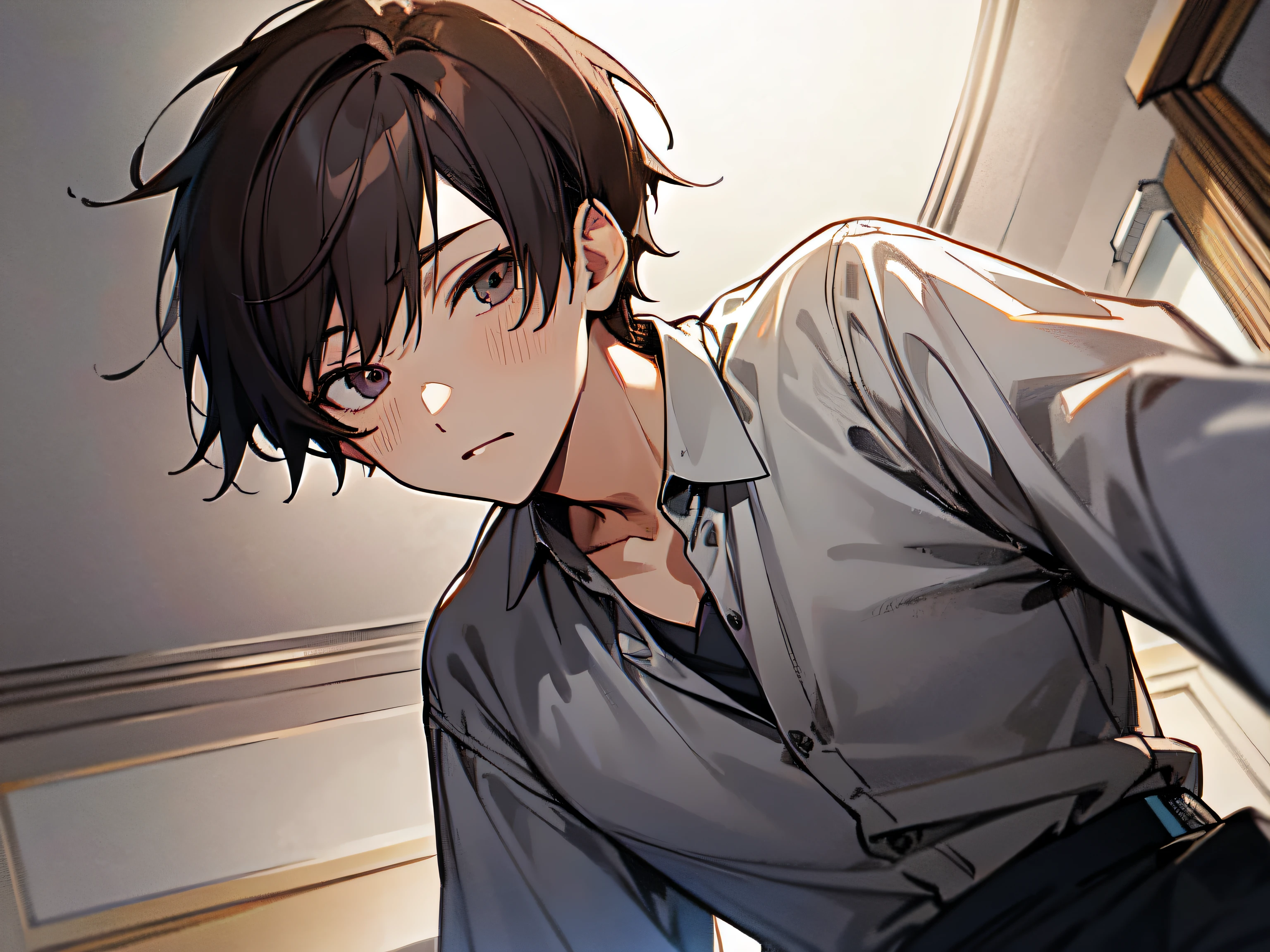 masutepiece, Best Quality, High quality, 1boy, Solo,face, Male Focus, so that it covers the viewer,Looking at Viewer,from below,Angle from below,Viewer from below, shirt,Dark hair color ,natta,The background is in the room