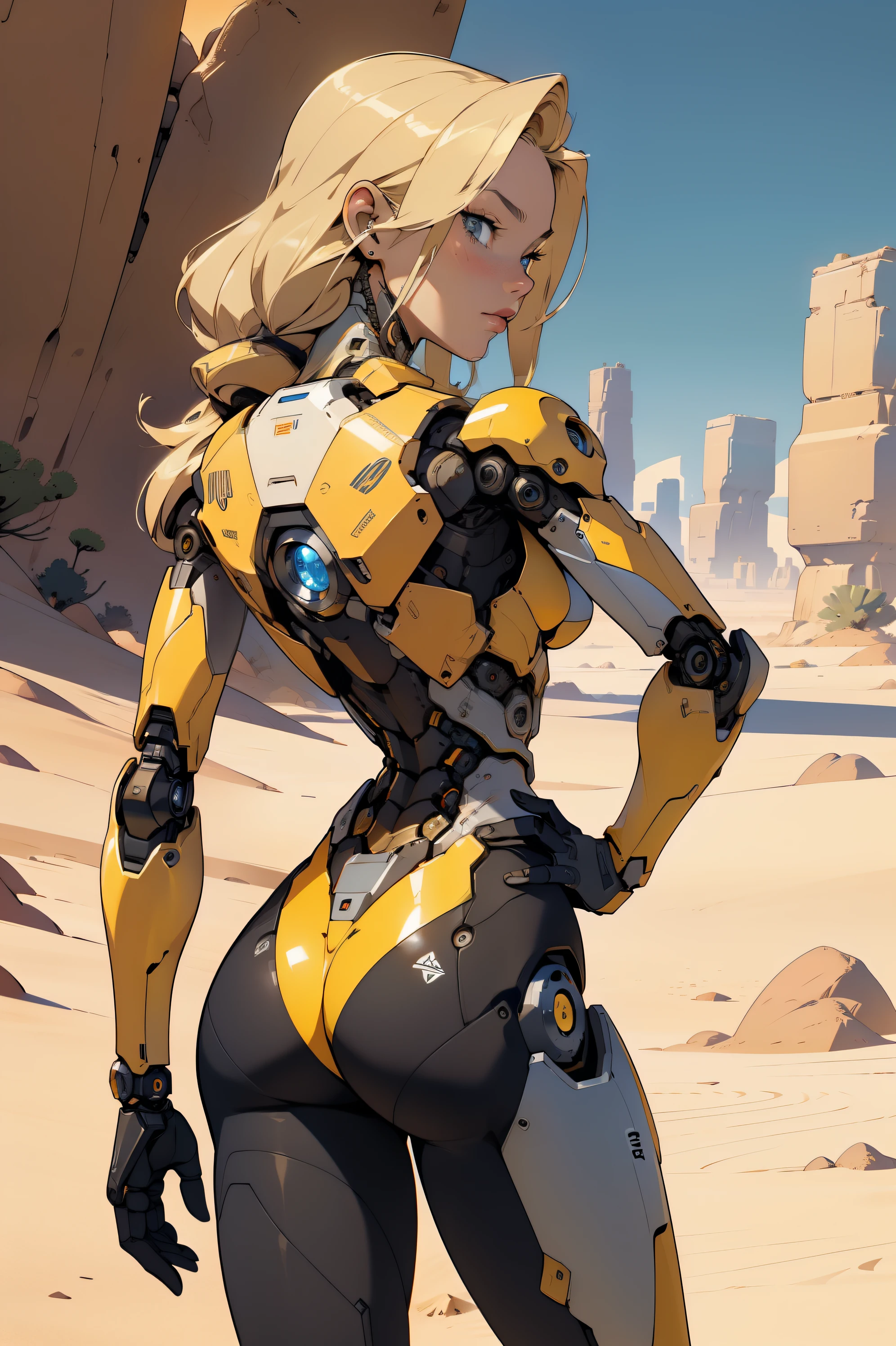 high quality, 4k, masterpiece, beautiful, cyborg girl, cowboy shot, dull eyes, back side, turning around to look at viewer, long blonde hair, girl, small breasts, fit thigh, robotic arms, robotic body, cyborg body, yellow accent, red accent, intricate detail, joint, detailed lines, robotic detail, 1fist on hip, color robotic parts, robotic parts with color, perfect fingers, on a desert planet, sunny background, colorful desert,