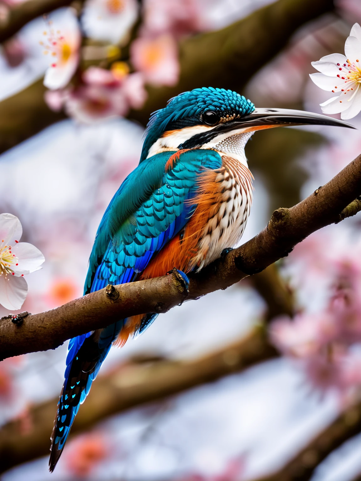 Superb Kingfisher Near White Cherry Blossoms on Branches, Dark, Dawn, (Cold Morning: 1.1), (Morning Dew: 1.15), Realistic Photography, (Low Photo: 1.2), Detail, 8K, Intricate Folded Feathers, Water Droplets on Feathers, (to8contrast style), (MIST: 0.7), Bright Colors, Sony a6600 Mirrorless Camera, embellish2