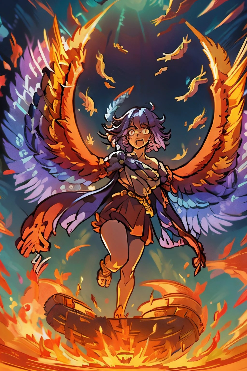 1girl, full body, white feathers, cute face, messy pixie cut hair, tan skin, robes, wings, purple hair, talons for feet, 2 legs, gold eyes, fire magic