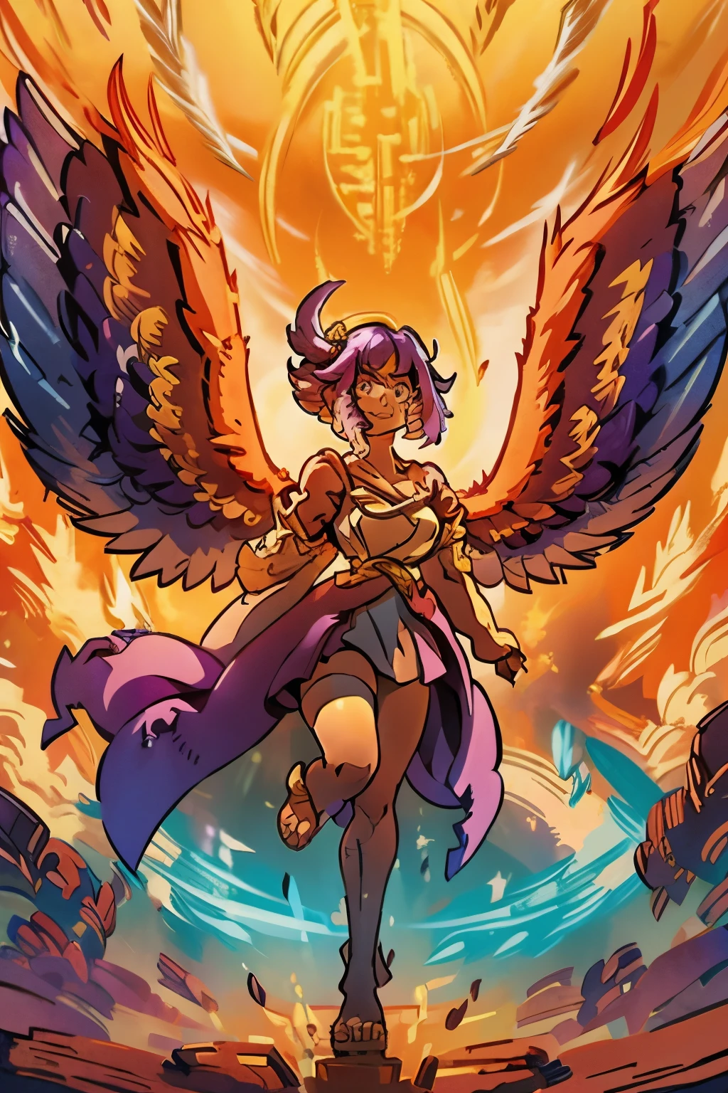 1girl, full body, white feathers, cute face, messy pixie cut hair, tan skin, robes, wings, purple hair, talons for feet, 2 legs, gold eyes, fire magic