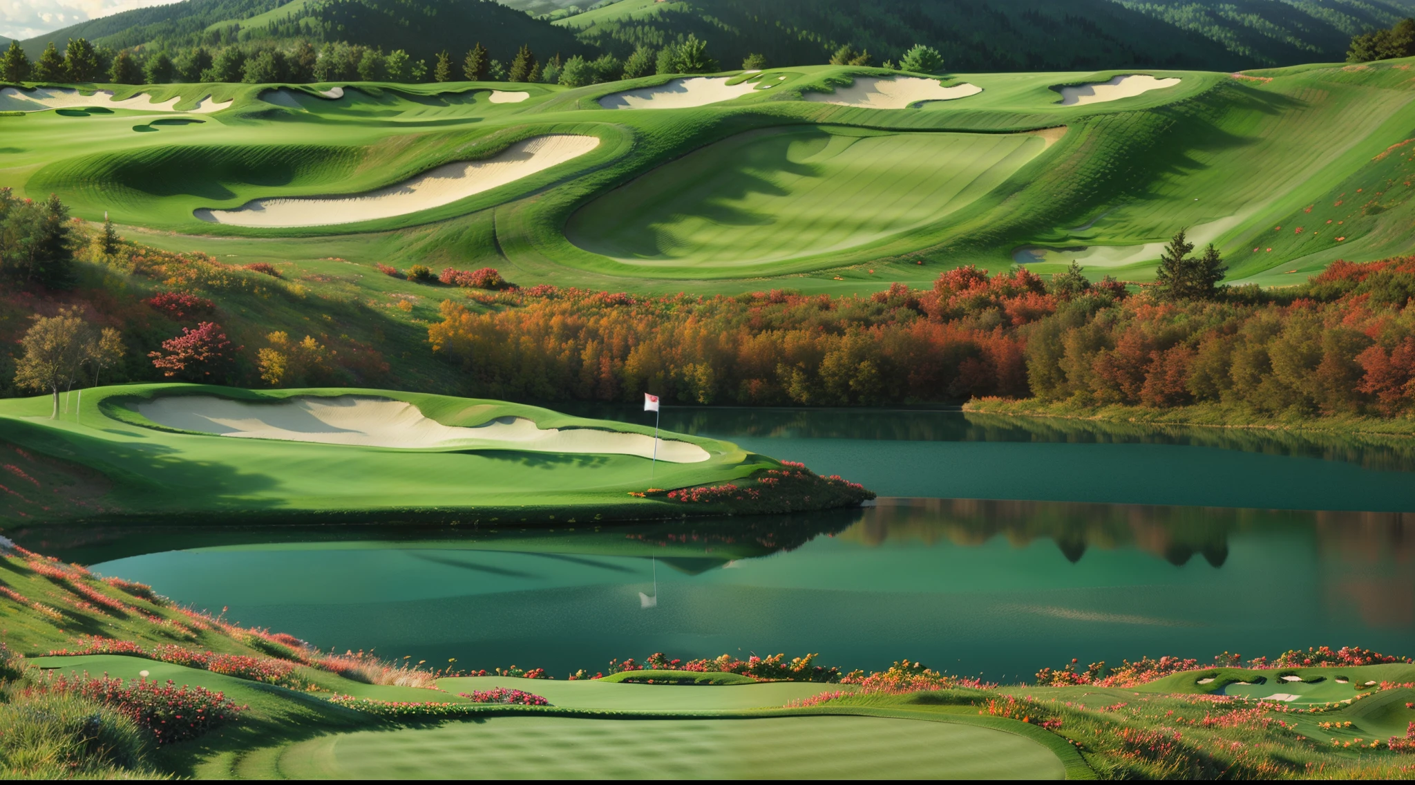 green golf course,Greens,Beautiful lake,Clouds,Golf clubs,golf,golf hole