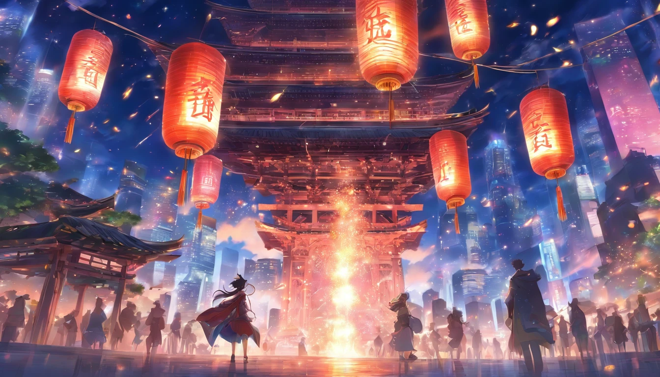 architecture, East Asian Architecture, landscapes, lanthanum, pylons, plein air, 天空, paper lanterns, 云, a bird, 建筑, The tree, is standing, mont, bridge, hold ing, Multiple people, Skyscrapers and fireworks in the background, masterpiece, top-quality,