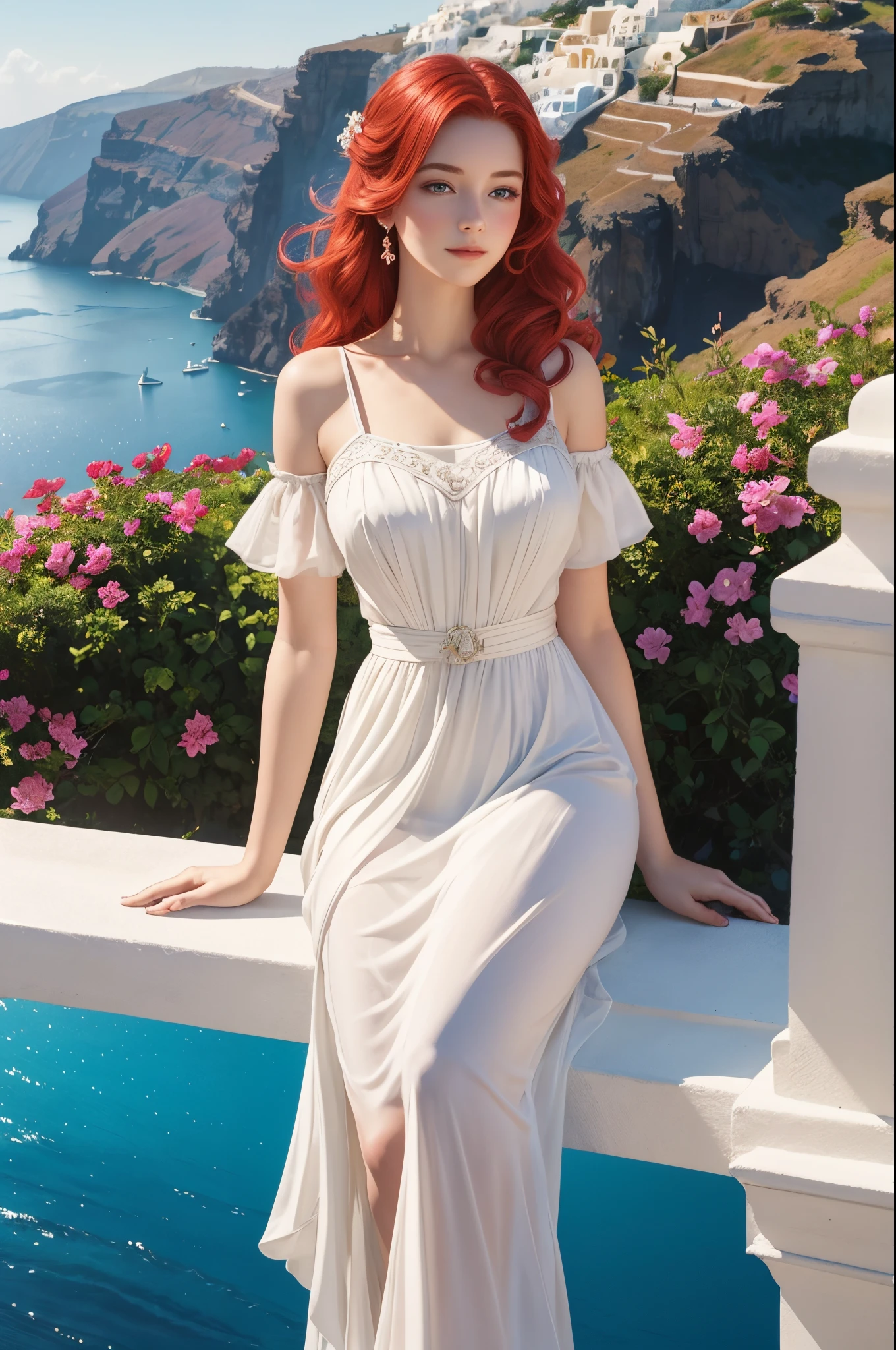 A pale white beautiful young woman with vibrant red hair and charming dimples, dressed in a short white dress. The woman is represented in the style of JC Leyendecker, known for his elegant and glamorous illustrations. She leans on a decorative railing and looks out over the picturesque island of Santorini. The scene is bathed in soft, warm backlit light, creating a serene and dreamlike atmosphere. The artwork is of the highest quality, with ultra-detailed elements offering a photorealistic representation. The colors are vivid and vibrant, capturing the essence of the captivating island and its stunning landscapes.