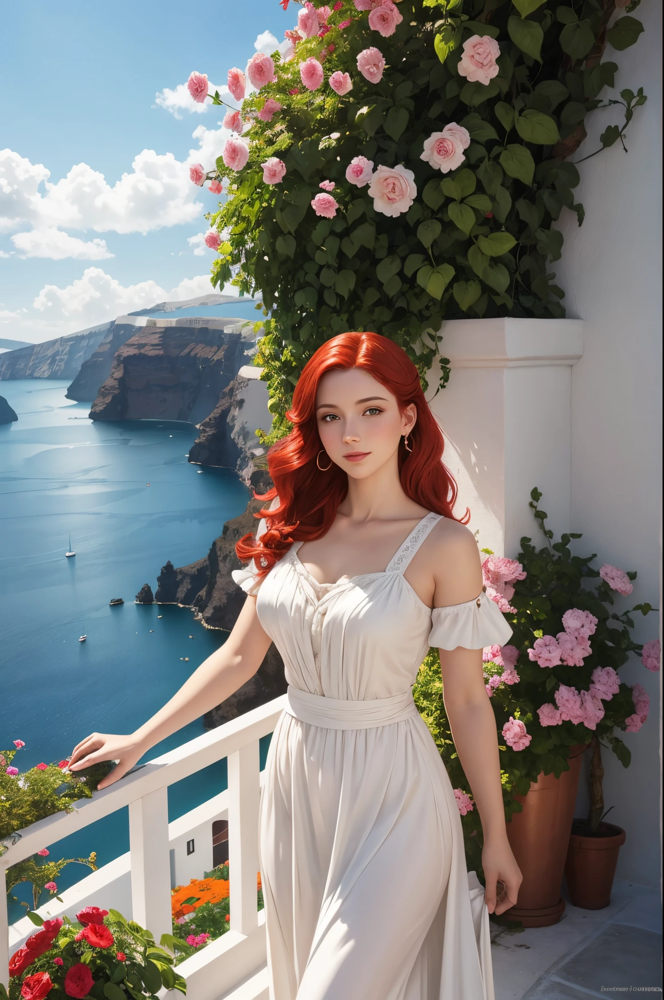 A pale white beautiful young woman with vibrant red hair and charming dimples, dressed in a short white dress. The woman is represented in the style of JC Leyendecker, known for his elegant and glamorous illustrations. She leans on a decorative railing and looks out over the picturesque island of Santorini. The scene is bathed in soft, warm backlit light, creating a serene and dreamlike atmosphere. The artwork is of the highest quality, with ultra-detailed elements offering a photorealistic representation. The colors are vivid and vibrant, capturing the essence of the captivating island and its stunning landscapes.
