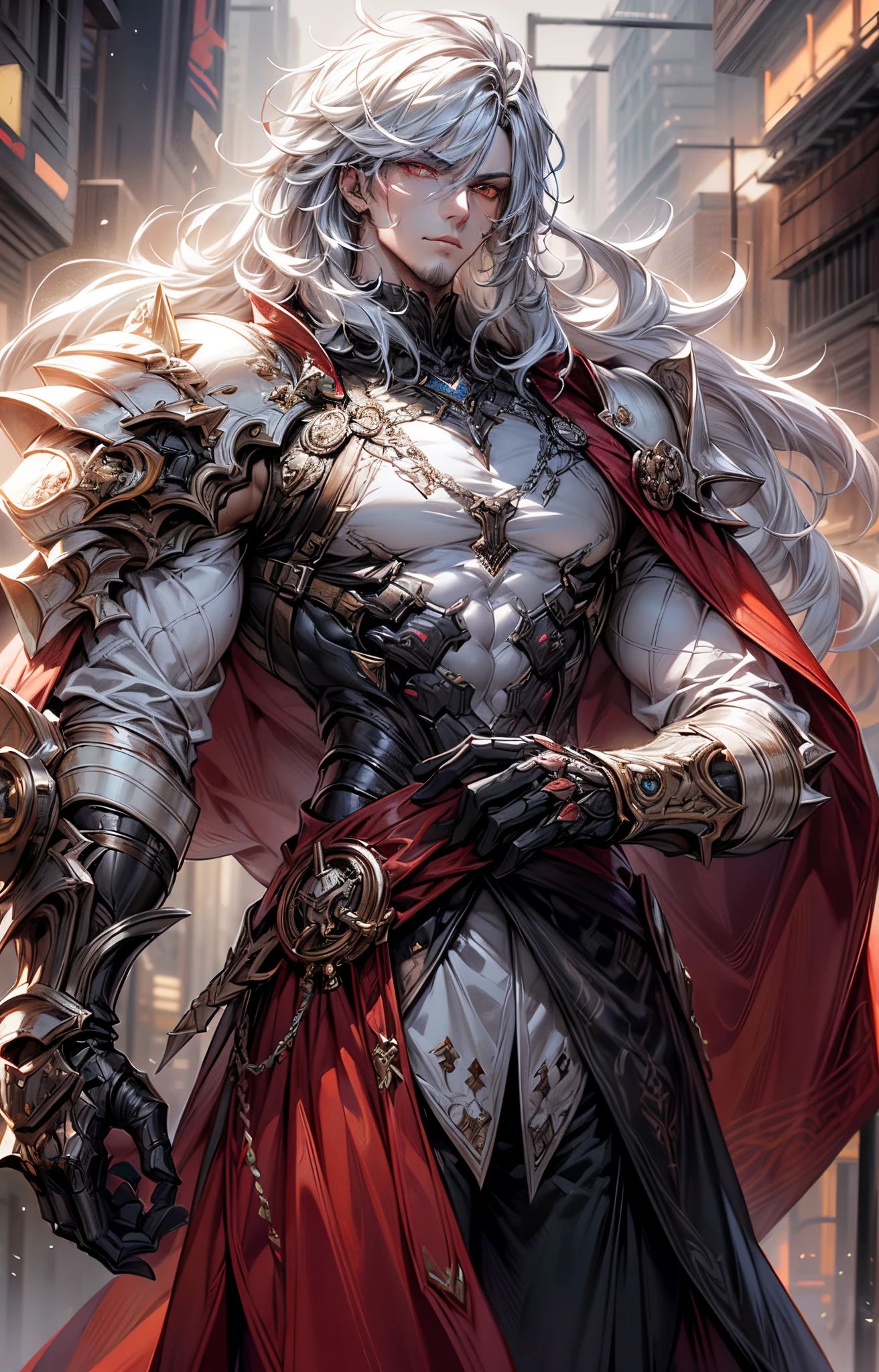 An epic and visually stunning digital artwork featuring a mid-30's masculine male with an angular facial structure and a flat masculine chest. The character is adorned in a heavy dieselpunk style with a heavy metal aesthetic, wearing eyeshadow for added intrigue. The image showcases the beauty and elegance of the character, who is wearing mechanical armor plating. The character has bright piercing orange eyes that stand out against their pure white armor plating. The armor is gorgeously engraved and resembles an armored trench coat. The character also possesses androgynous features, with mechanical muscled arms adding to their unique appearance.