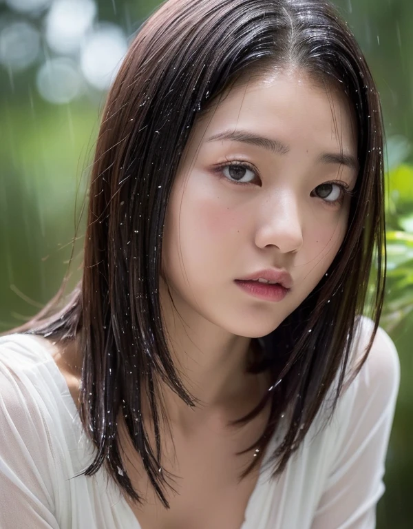 ((top quality, 8k, masterpiece: 1.3)), woman (naked in hot springs), sweating, water droplets on forehead of face, outdoors, background urban cityscape, overhead camera, sharp focus: 1.2, cute woman: 1.4, (((layered haircut)), (white shirt), very detailed face and skin and hair texture, knotted black hair, wet texture hair, wet body, detailed eyes, Double eyelids, white skin, beautiful legs, beautiful delicate nose, cute young Japan woman, 28 years old, with dynamic angles, it is pleasing to the eye and suggestive composition, while emphasizing the subject's hair, eyes, mouth and action, while exuding melancholy emotions characterized by a contrasting mix of calm tones and light and shadow.