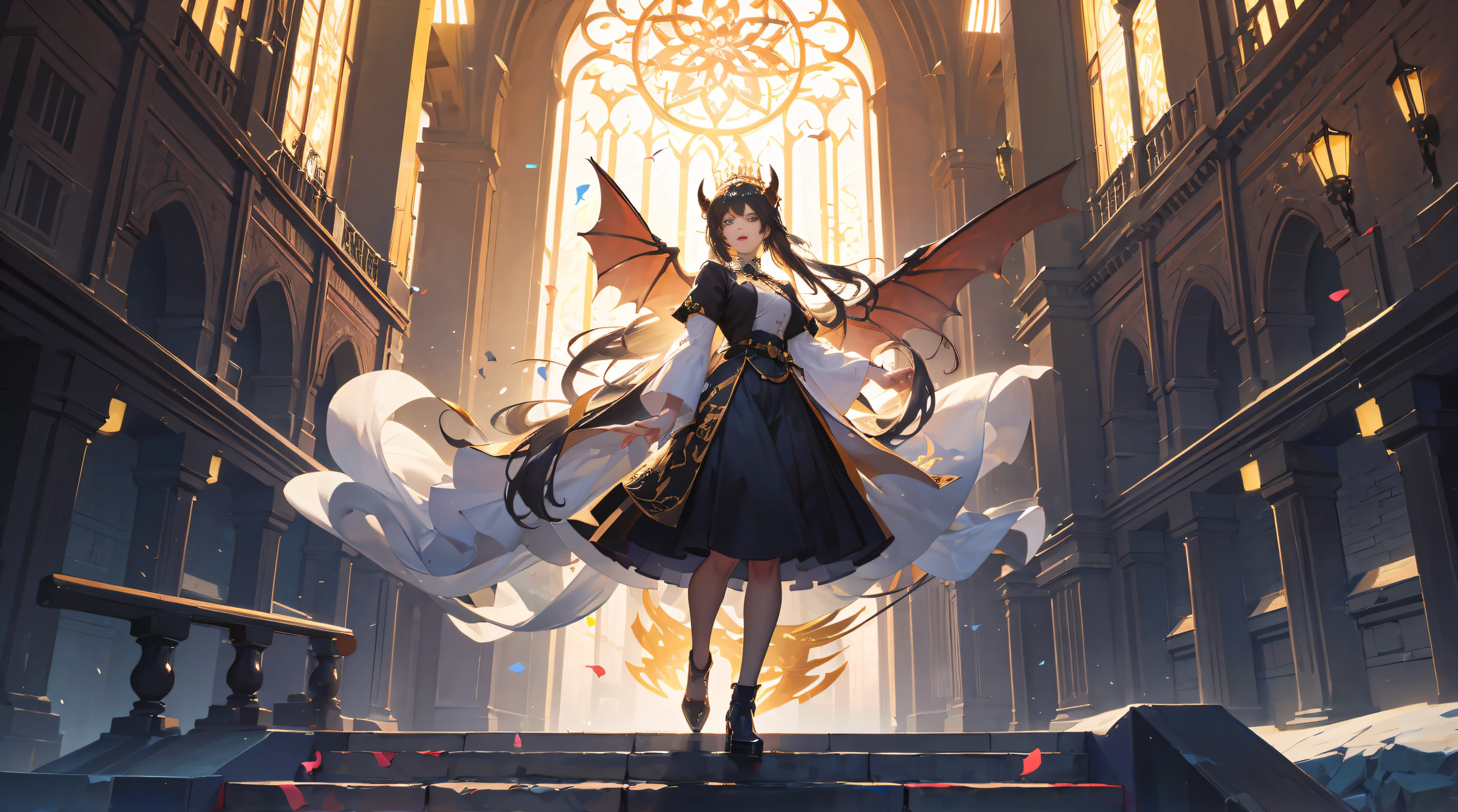 ultrasharp, 8K, masterpiece, absurdres, highres, ultra detailed, 1women:1.3, mature, elegant, composed, confident, 34D breast size, long black hair, a set of black horns on her head, black symbol on her forehead, eye color is a mix of yellow and a hint of red, fortnite character princess lexa inspired outfit , white and black dress uniform with gold accessories western dragon motifs, standing, looking at viewer, receiving light from the front, fractal art, mathematical patterns, intricate designs, self-replicating shapes, digital creations, mesmerizing visuals, infinite complexity, BREAK ,a bright world without shadows, ultra-definition depiction of the background , however, Only one corner is illuminated by rays of light, A space full of dazzling light and confetti, Hundreds of balls of light and particles of light floating in the air around the cathedral, surreal landscapes, unseen light, ethereal glow, vibrant colors, royal inauguration parade of her becoming queen, celebration gathering, white, black, gold, rope accessories