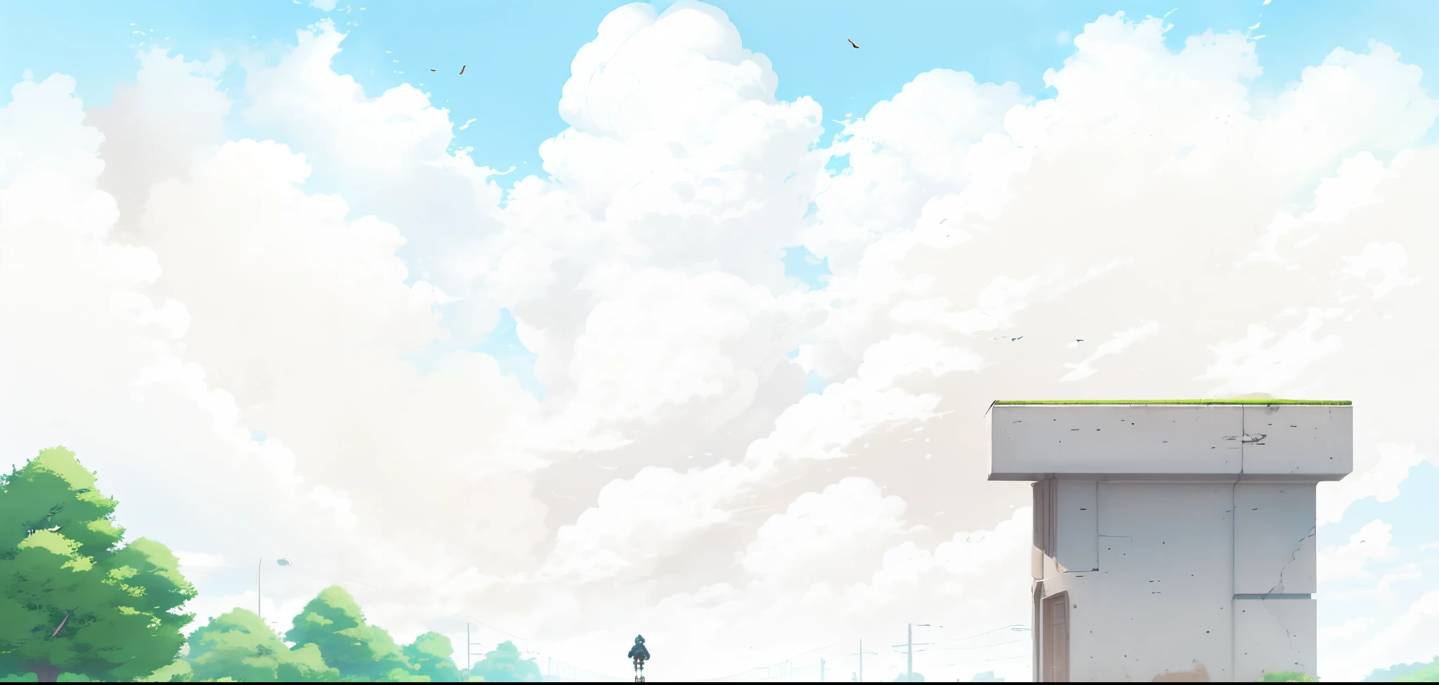 there is a cartoon picture of a man riding a skateboard on a ramp, random background scene, graveyard background, background is heavenly, church background!, basic background, background art, heaven background, holy dice in the clouds, background artwork, church background, skies behind, epic background, cloudy background, clouds in the background, banner, the background is misty, simple background, anime, aime style, makoto shinkai style, 4k, 4k detailed