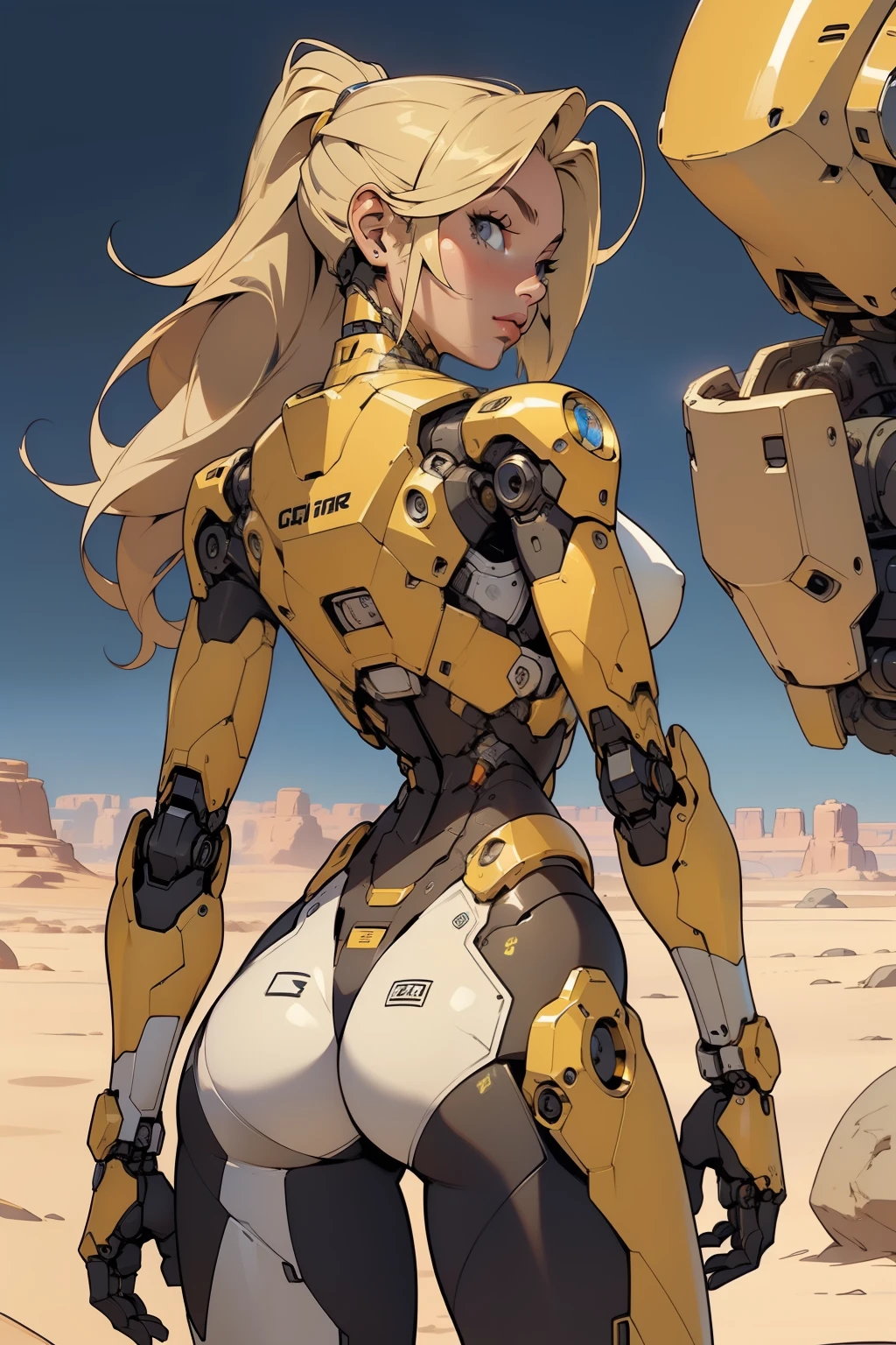 high quality, 4k, masterpiece, beautiful, cyborg girl, cowboy shot, dull eyes, back side, turning around to look at viewer, long blonde hair, girl, small breasts, fit thigh, robotic arms, robotic body, cyborg body, yellow accent, redaccent, intricate detail, joint, detailed lines, robotic detail, 1fist on hip, color robotic parts, robotic parts with color, perfect fingers, on a desert planet, sunny background, colorful desert,