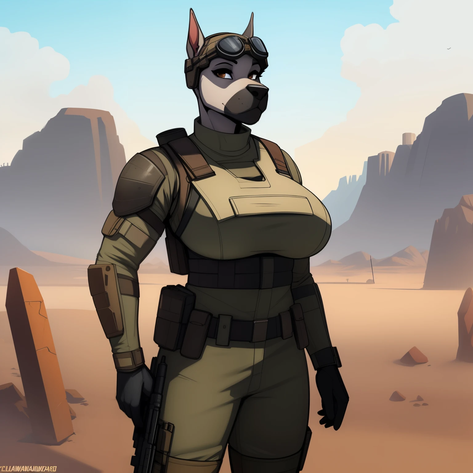 Tall_lanky_muscular_great_dane female gray_furry_body brown_eyes body_armor tactical_vest military_uniform goggles helmet large_breasts solo Masterpiece best_quality absurdres highly_detailed cleanly_drawn_eyes anthro_only by_claweddrip, by_greasymojo, by_underscore-b, by_runawaystride