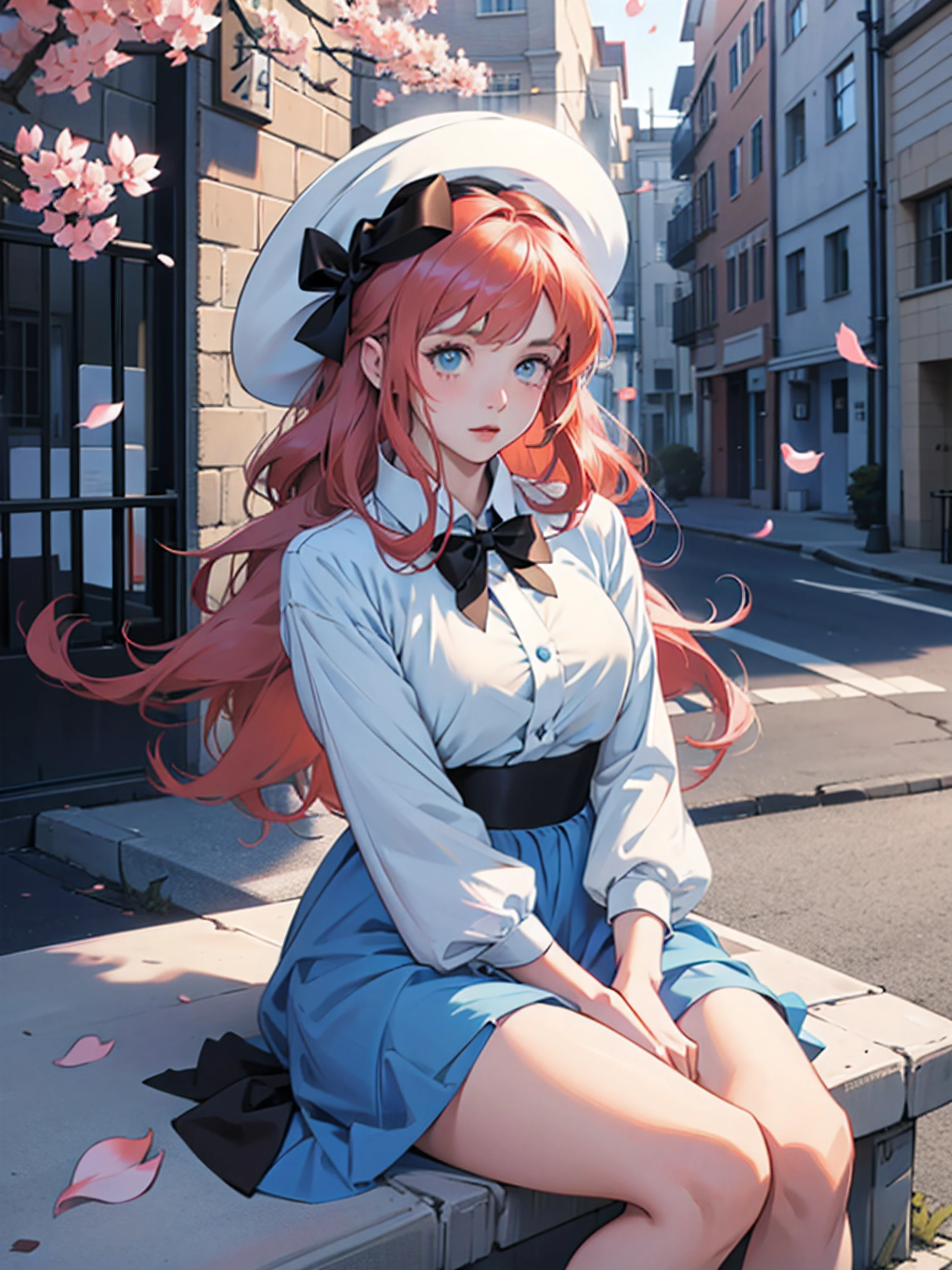 Anime girl in a blue dress with a white hat and a white hat, Anime visuals of cute girls, young anime girl, Anime Girl with Long Hair, anime moe art style, Beautiful anime girl, Anime Girl, Anime Character, an anime girl, loli in dress, a female anime character, best qualtiy, 1 girl, Sitting on her lap, beautiful and delicate eyes, flowing red hair, Delicate cherry petals, vivd colour, gentlesoftlighting, photo realistic render, dynamicposes, Young woman 25 years old: 1.3, short dark hair: 1.2, casual clothing: 1.2, tag: 1.2, in a street: 1.2, surrealist, nffsw, ccurate, super detailing, high detailing, Best Quality, 8K