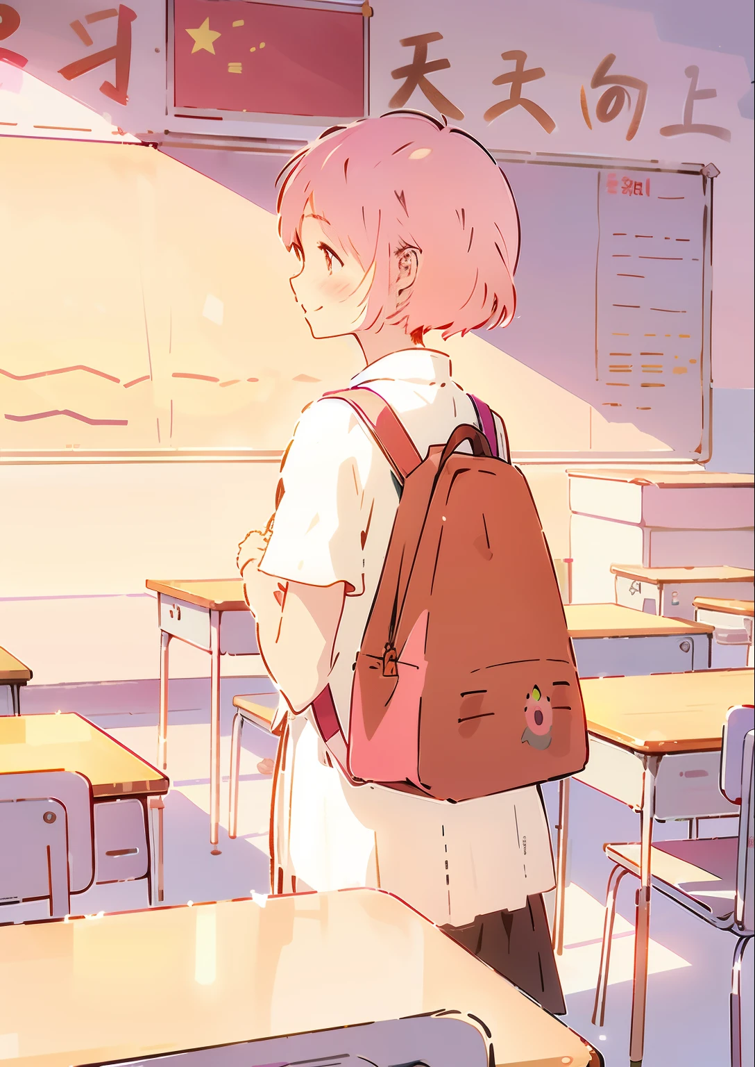 Pink hair、Anime girl with backpack standing in classroom, standing in class, Carrying a rucksack, Heartbeat Literature Club, 1980s anime art style, Cute girl with short pink hair, style of anime, style of anime, in class room, An anime girl, Japanese cartoon. Soft light,eventide,Back Shadow,Smile back