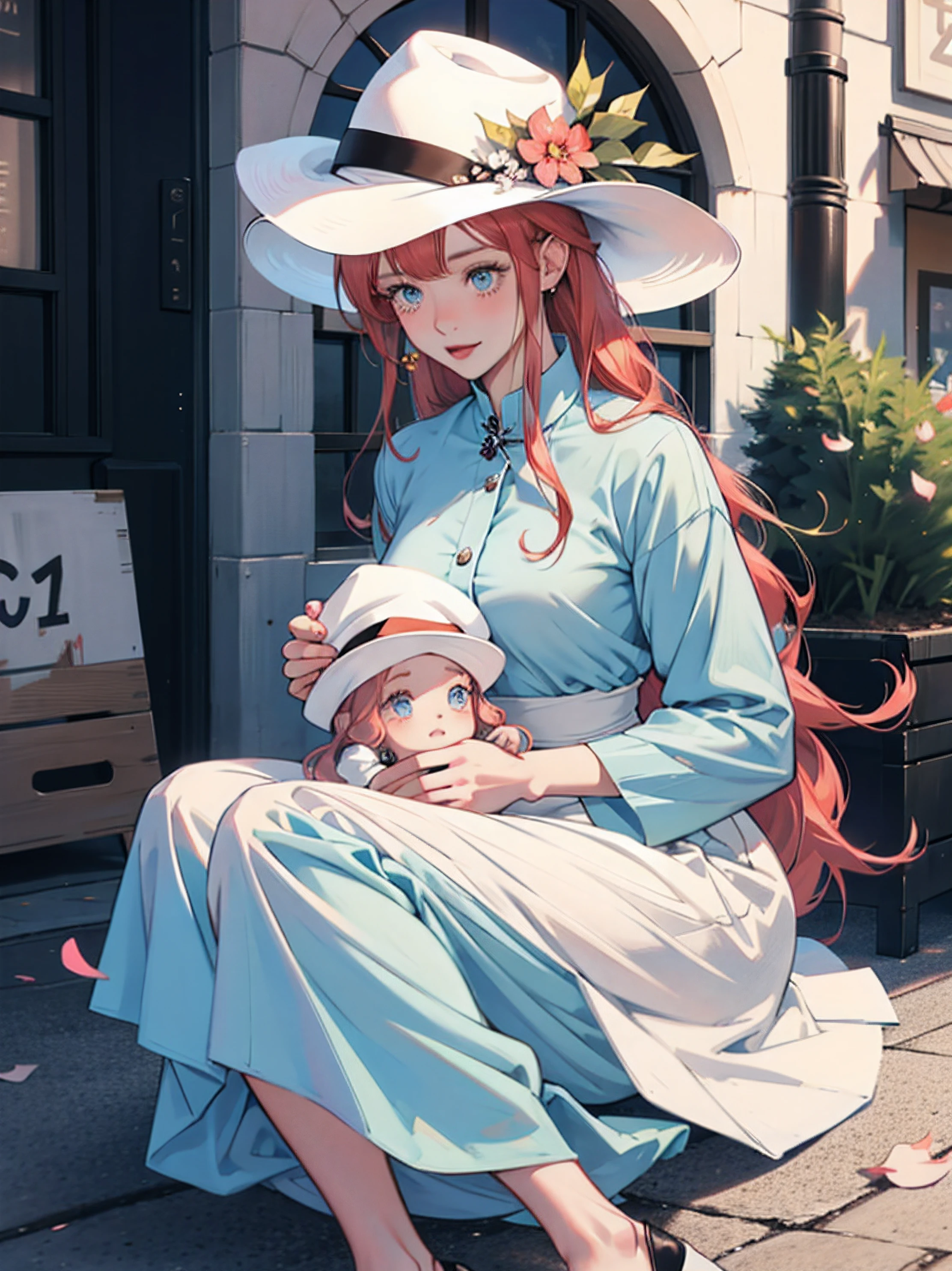 Anime girl in a blue dress with a white hat and a white hat, Anime visuals of cute girls, young anime girl, Anime Girl with Long Hair, anime moe art style, Beautiful anime girl, Anime Girl, Anime Character, an anime girl, loli in dress, a female anime character, best qualtiy, 1 girl, Sitting on her lap, beautiful and delicate eyes, flowing red hair, Delicate cherry petals, vivd colour, gentlesoftlighting, photo realistic render, dynamicposes, Young woman 25 years old: 1.3, short dark hair: 1.2, casual clothing: 1.2, tag: 1.2, in a street: 1.2, surrealist, nffsw, ccurate, super detailing, high detailing, Best Quality, 8K