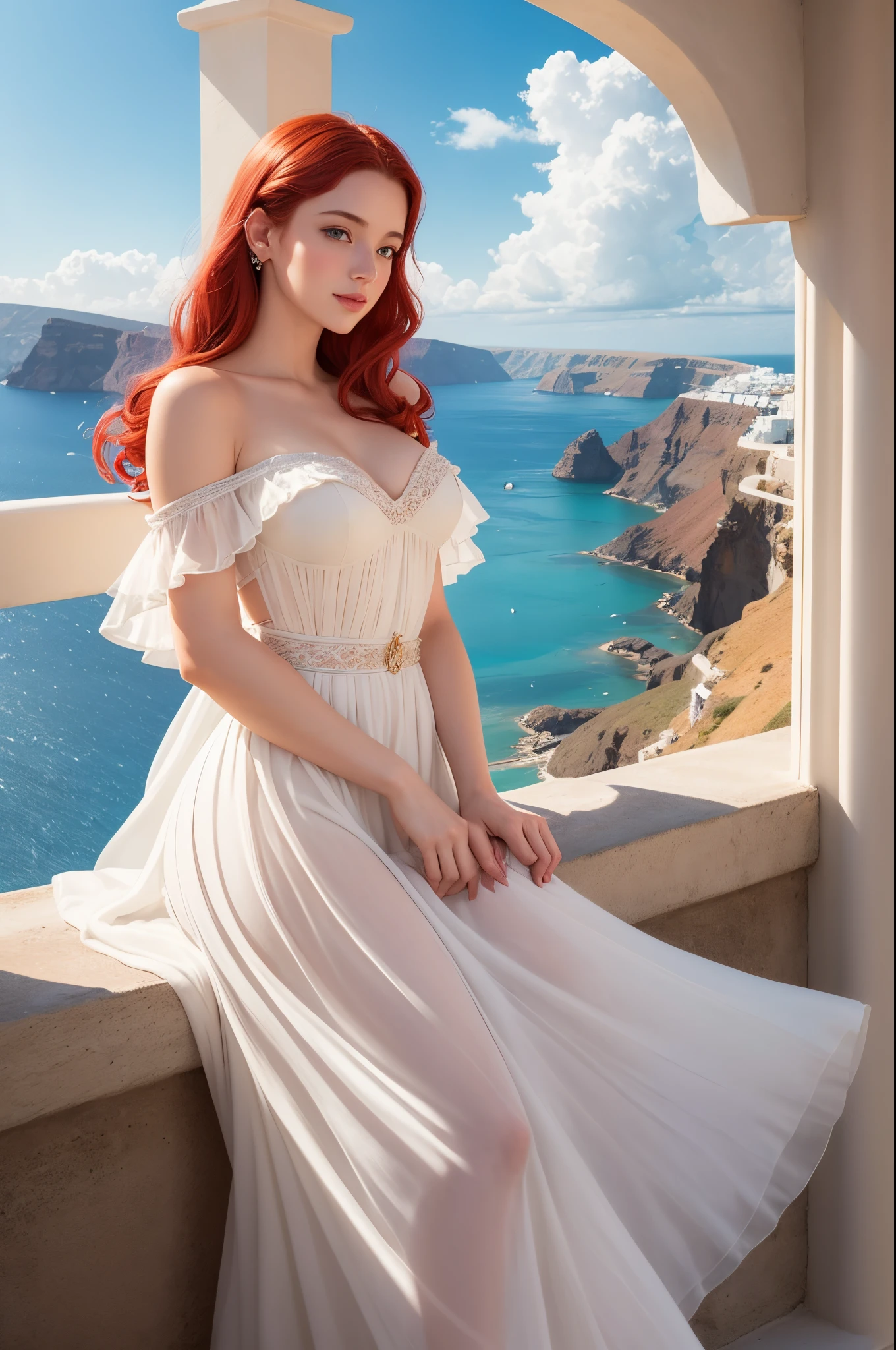 A pale white beautiful young woman with vibrant red hair and charming dimples, dressed in a short white dress. The woman is represented in the style of JC Leyendecker, known for his elegant and glamorous illustrations. She leans on a decorative railing and looks out over the picturesque island of Santorini. The scene is bathed in soft, warm backlit light, creating a serene and dreamlike atmosphere. The artwork is of the highest quality, with ultra-detailed elements offering a photorealistic representation. The colors are vivid and vibrant, capturing the essence of the captivating island and its stunning landscapes.