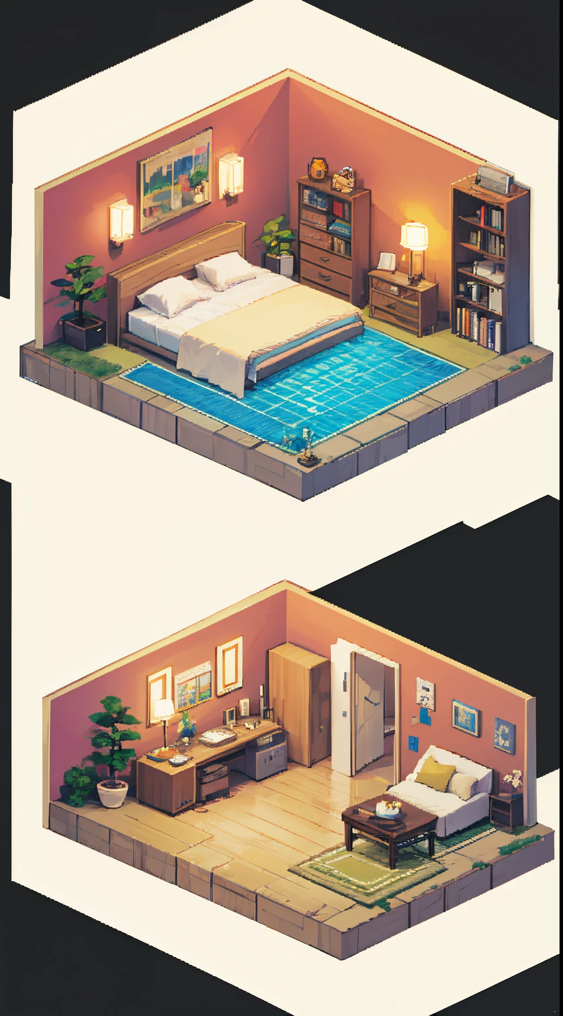 pixel, pixel art, luxurious bedrooms, isometric perspective, simple background,