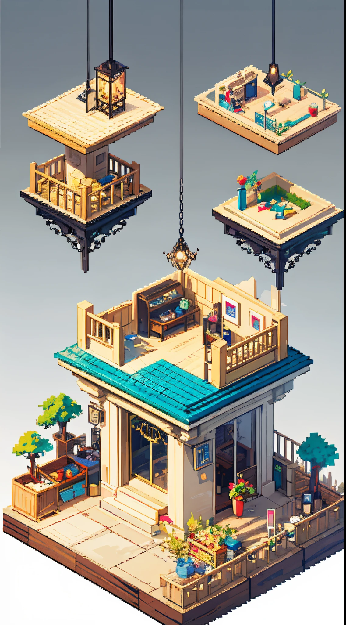 pixel, pixel art, chandeliers and decorated salons, isometric perspective, simple background,